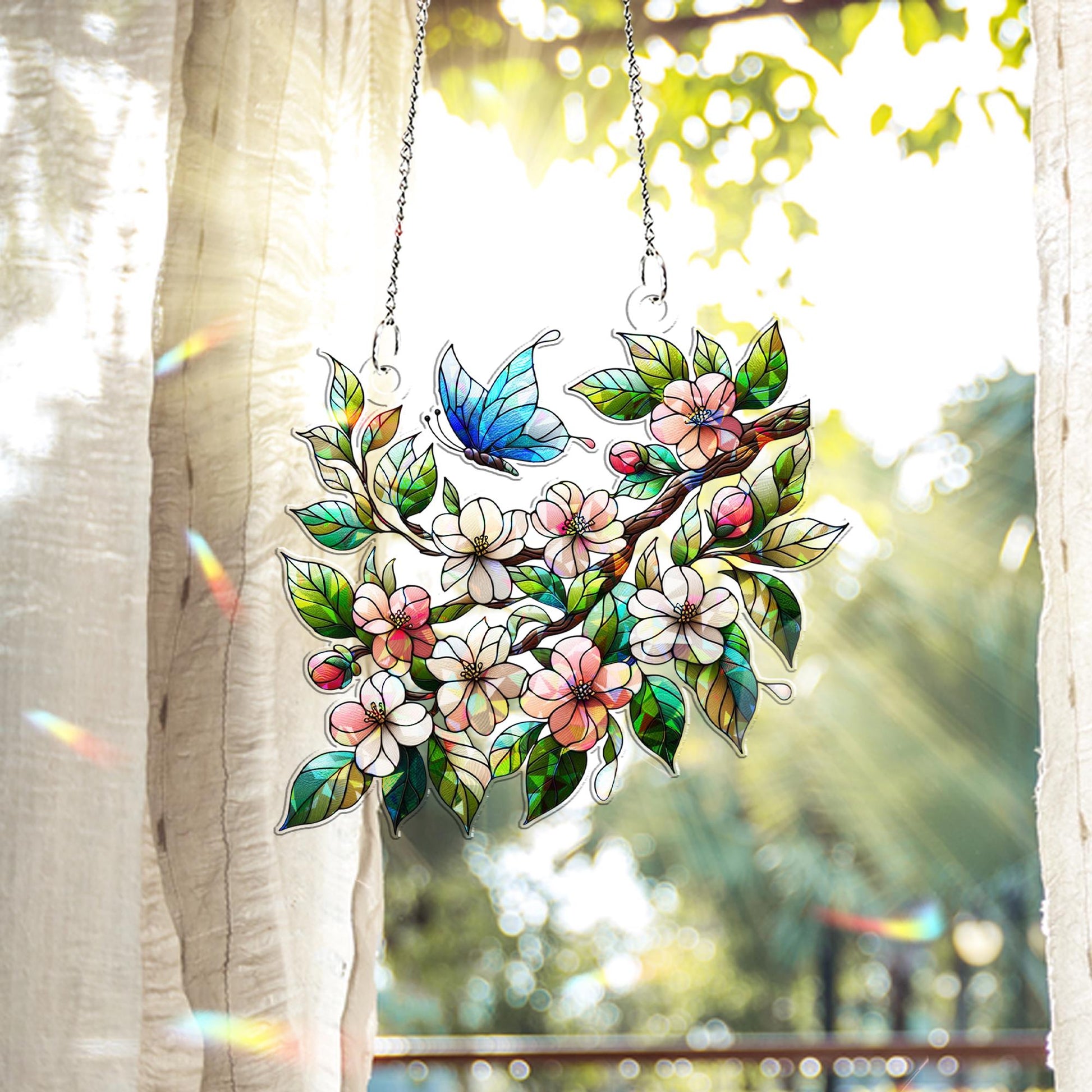 Apple Blossom Hologram Window Hanging – Spring Floral Acrylic Art – Mother’s Day Gift – Botanical Decor – Flower Lover Gift