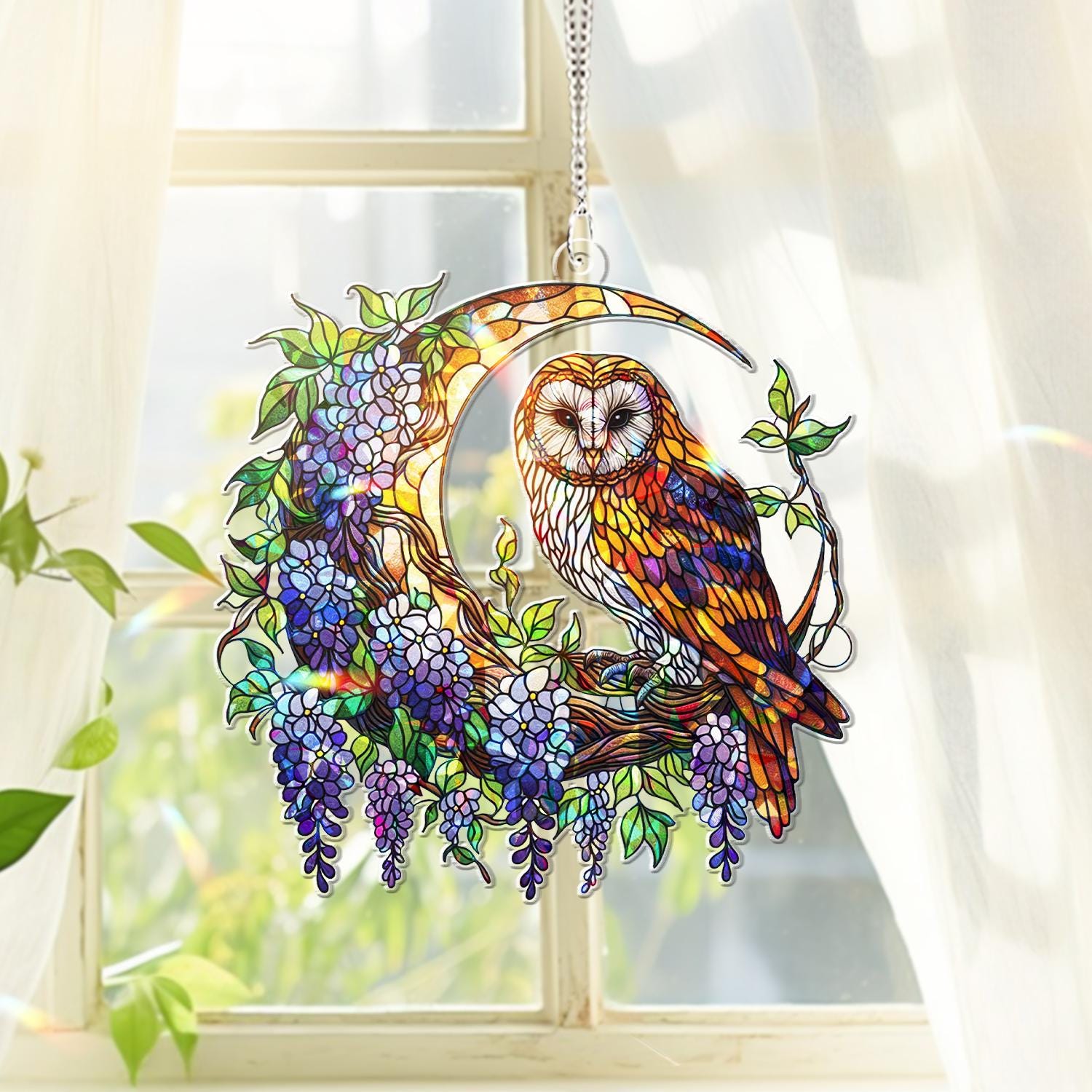 Owl & Wisteria Hologram Window Hanging – Mystical Bird and Flower Acrylic Art – Mother’s Day Gift – Nature Decor – Floral Lover Gift
