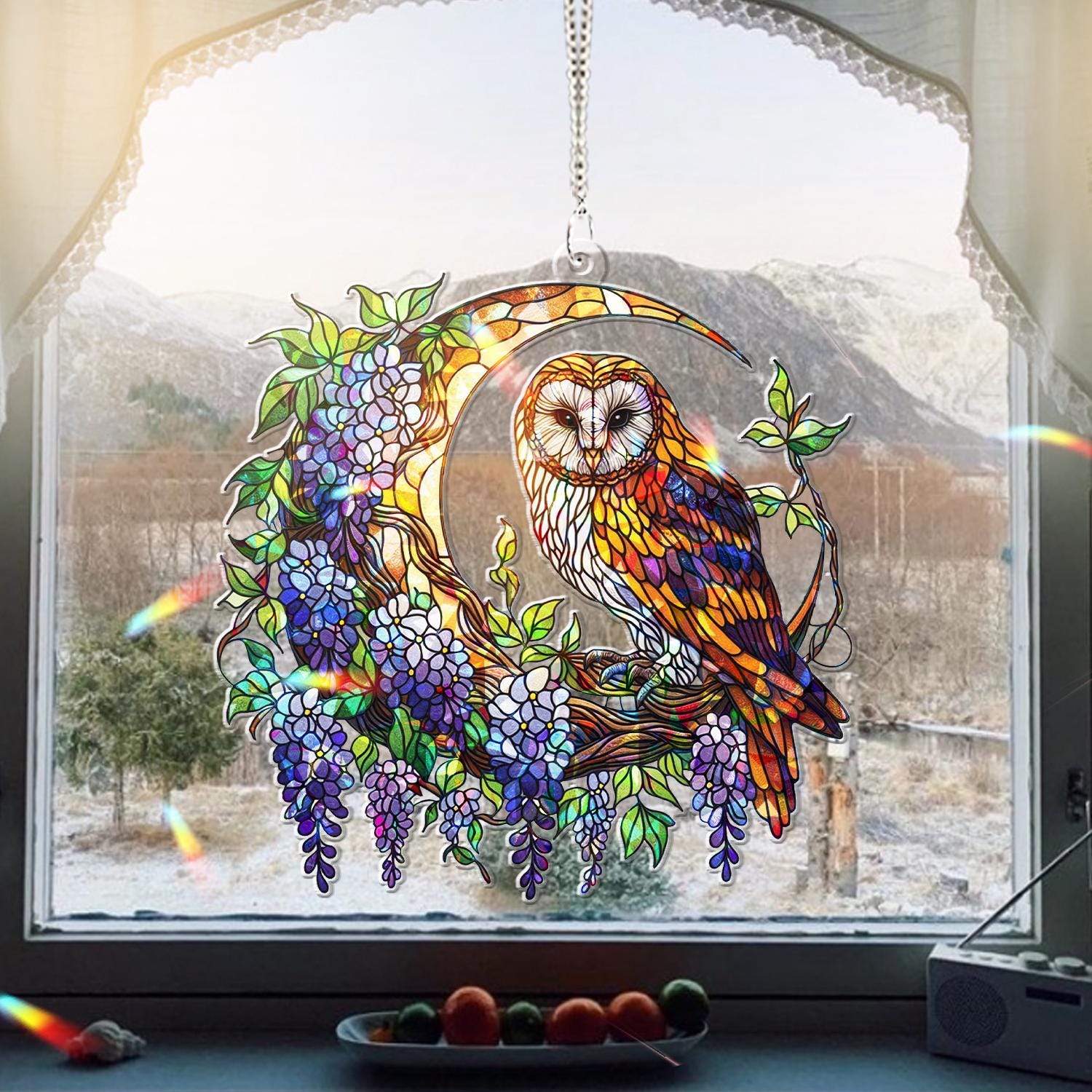 Owl & Wisteria Hologram Window Hanging – Mystical Bird and Flower Acrylic Art – Mother’s Day Gift – Nature Decor – Floral Lover Gift