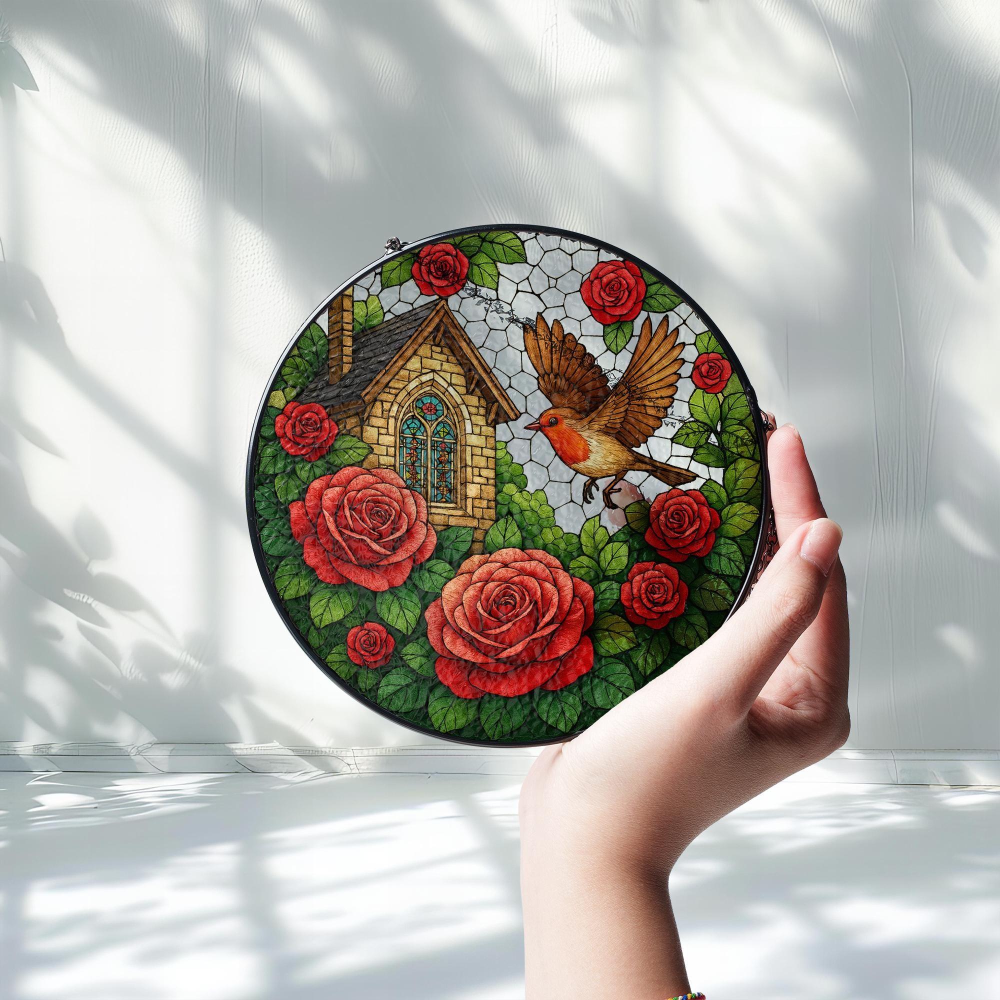 Robin Bird and Cottage Rose Glass Suncatcher – Garden Lovers, Nature-Inspired Home Accent Gift – Nature Lover Home Gift, Gift For Mom