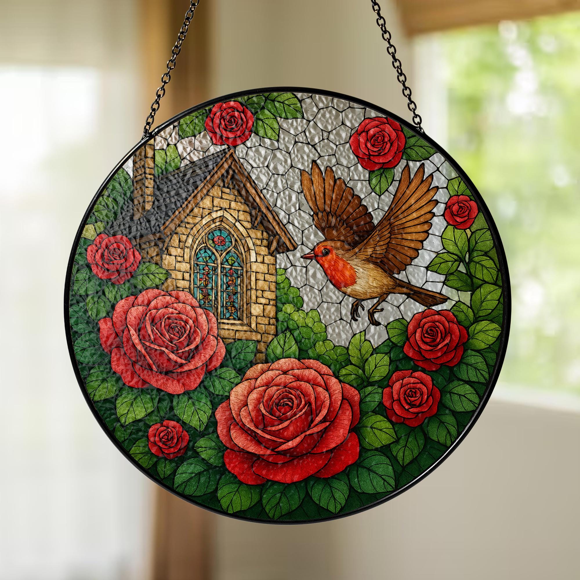 Robin Bird and Cottage Rose Glass Suncatcher – Garden Lovers, Nature-Inspired Home Accent Gift – Nature Lover Home Gift, Gift For Mom