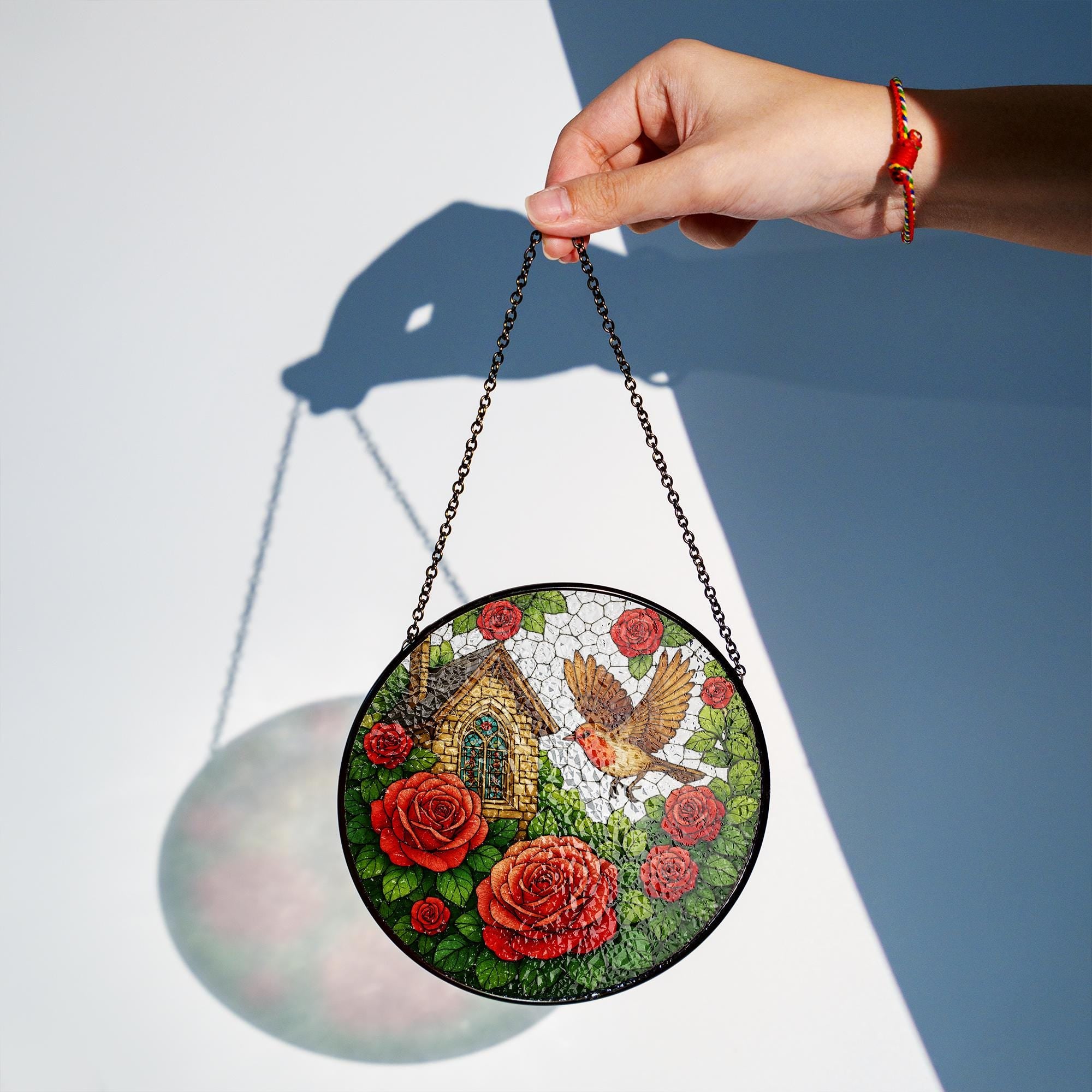 Robin Bird and Cottage Rose Glass Suncatcher – Garden Lovers, Nature-Inspired Home Accent Gift – Nature Lover Home Gift, Gift For Mom