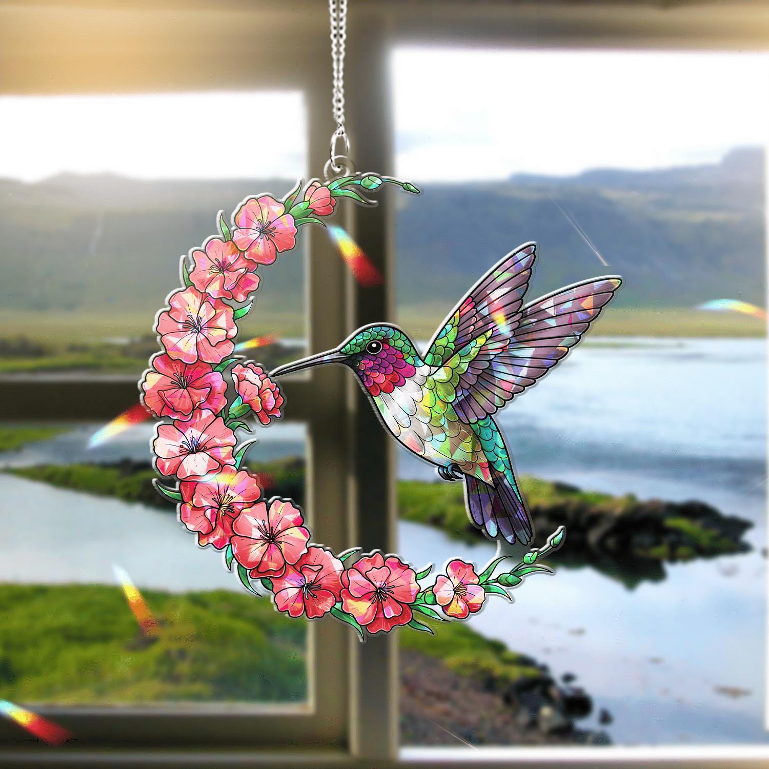 Hummingbird And Carnation Crescent Moon Acrylic Window Hanging – Nature Lovers, Garden Home Decor Gift, Carnation Lover, Gift For Mom