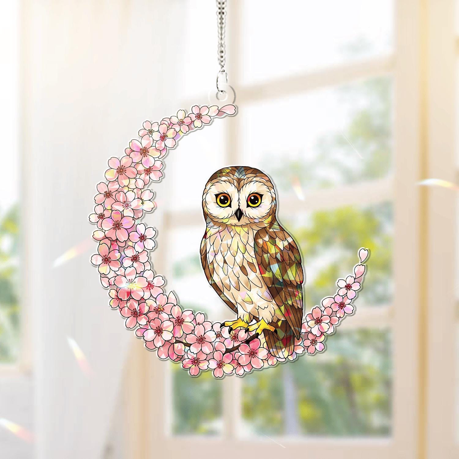 Owl & Cherry Blossom Crescent Moon Acrylic Window Hanging – Cherry Blossom Bird Decor, Stained Glass Look Suncatcher, Nature Lover Gift Idea