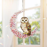 Owl & Cherry Blossom Crescent Moon Acrylic Window Hanging – Cherry Blossom Bird Decor, Stained Glass Look Suncatcher, Nature Lover Gift Idea