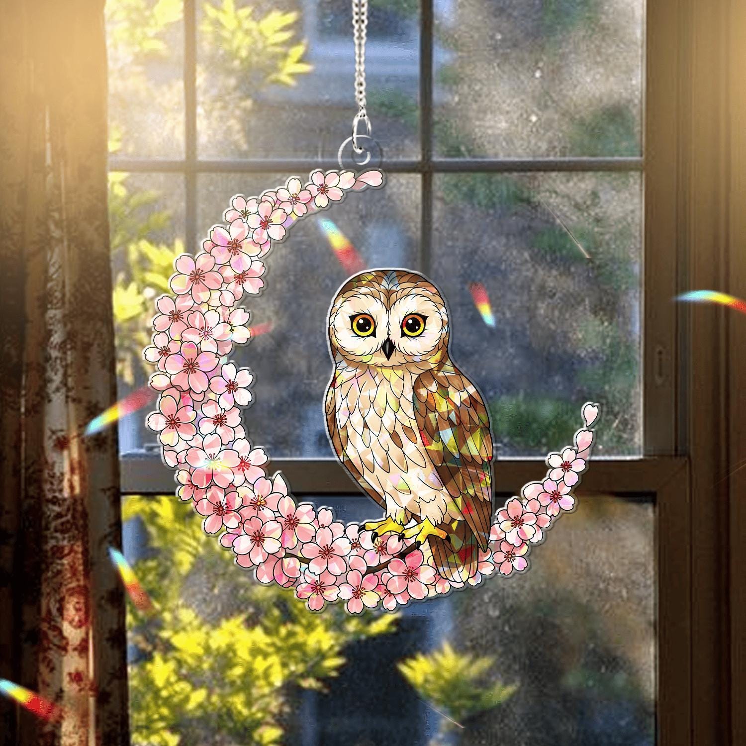 Owl & Cherry Blossom Crescent Moon Acrylic Window Hanging – Cherry Blossom Bird Decor, Stained Glass Look Suncatcher, Nature Lover Gift Idea
