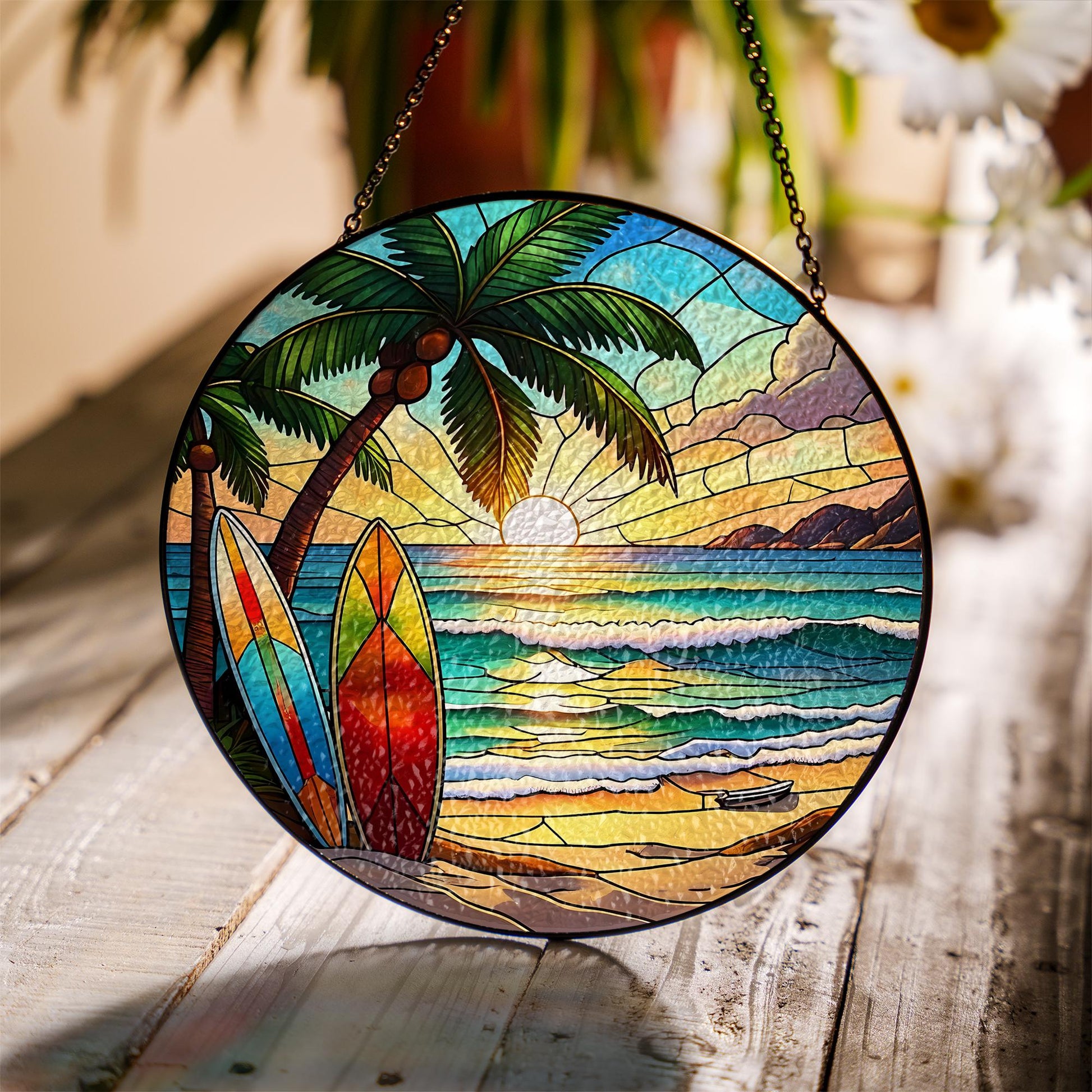 Surfboard Beach Sunset Glass Suncatcher - Summer Coastal Window Decor Gift - Faux Stained Glass Tropical Surf Art for Ocean Lovers