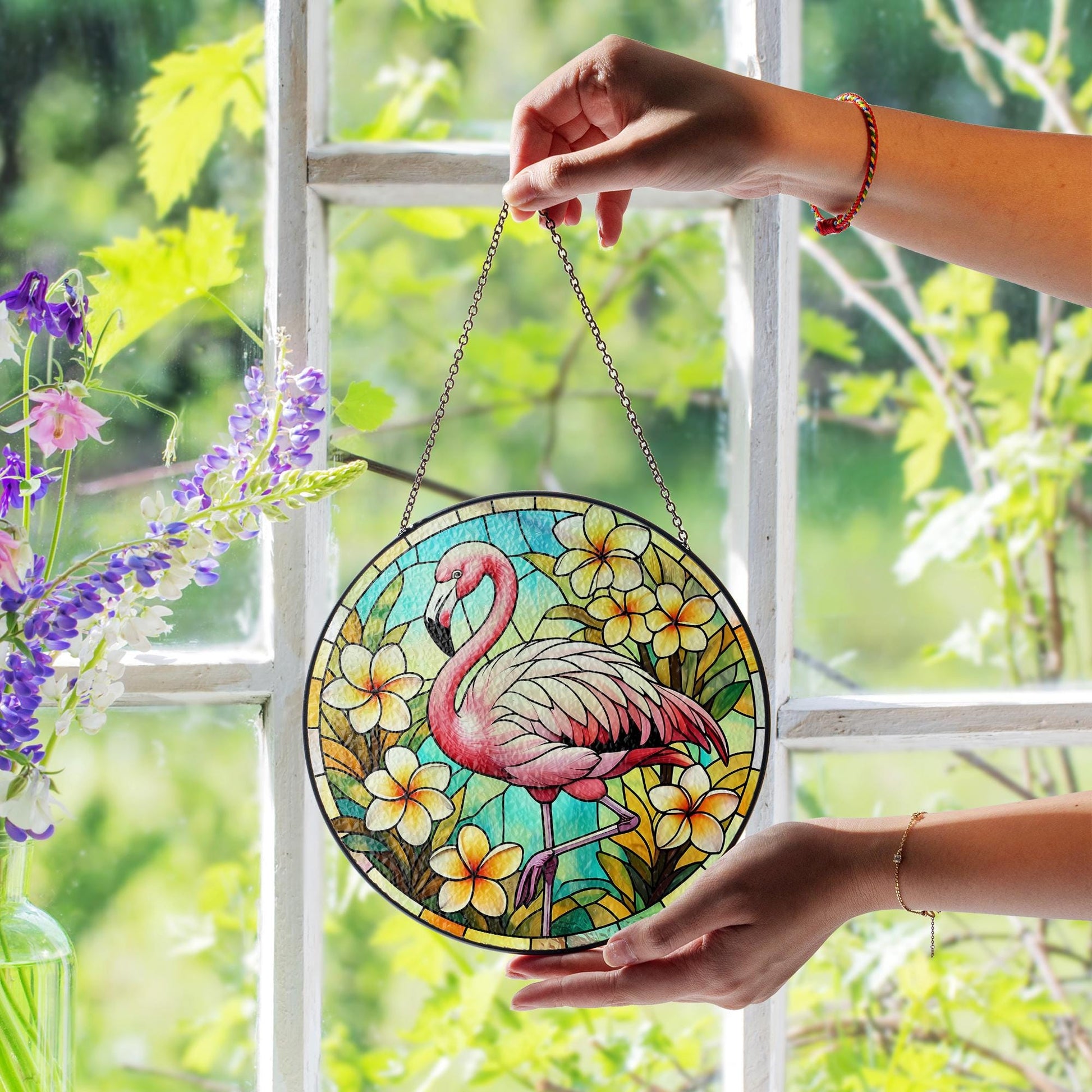Flamingo Tropical Glass Suncatcher - Faux Stained Glass Summer Window Decor with Plumeria Flowers - Beachy Gift for Flamingo Lovers