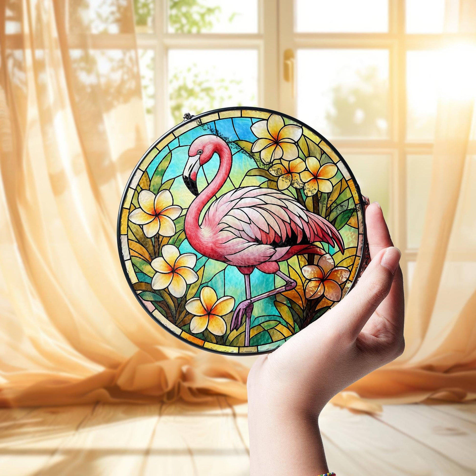 Flamingo Tropical Glass Suncatcher - Faux Stained Glass Summer Window Decor with Plumeria Flowers - Beachy Gift for Flamingo Lovers