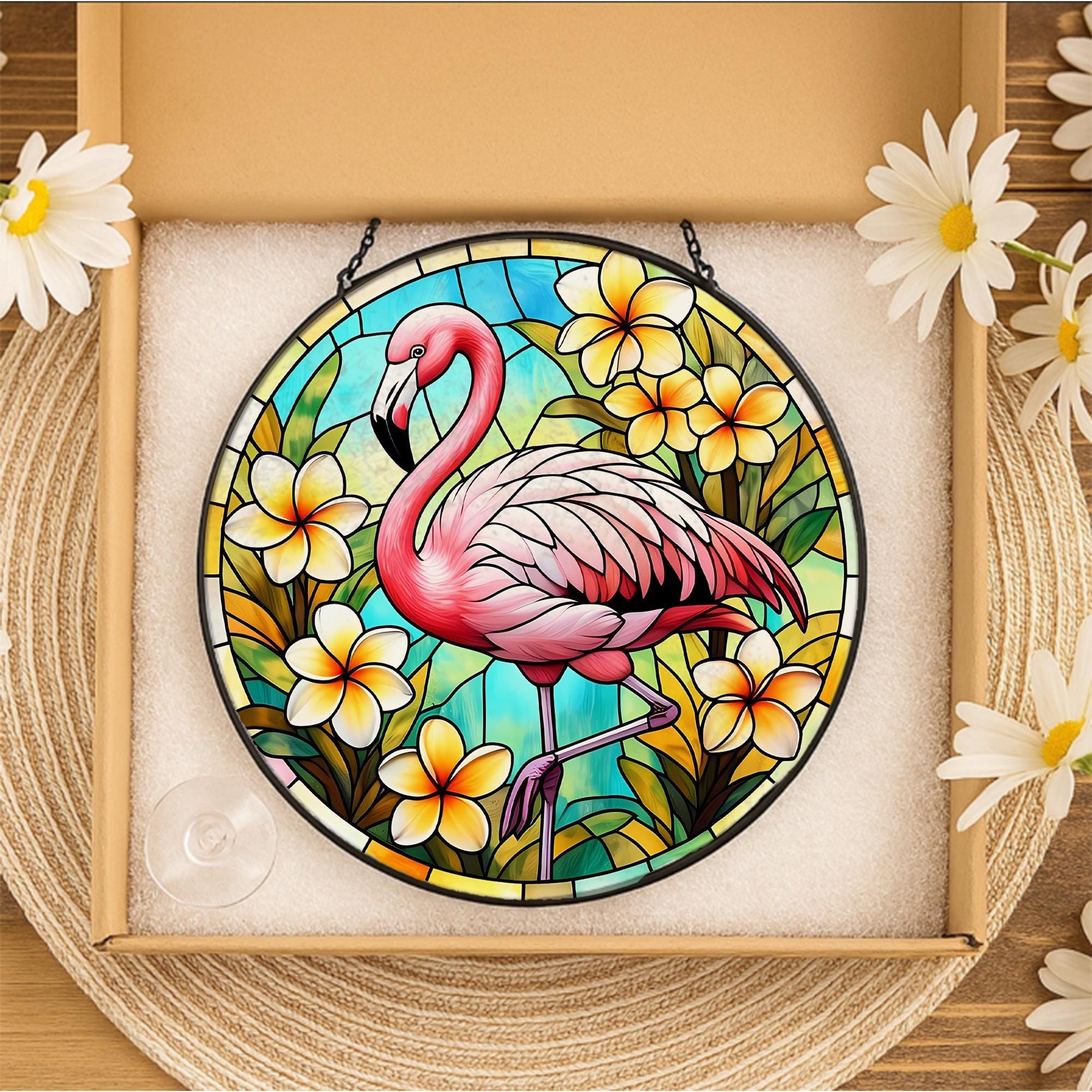 Flamingo Tropical Glass Suncatcher - Faux Stained Glass Summer Window Decor with Plumeria Flowers - Beachy Gift for Flamingo Lovers