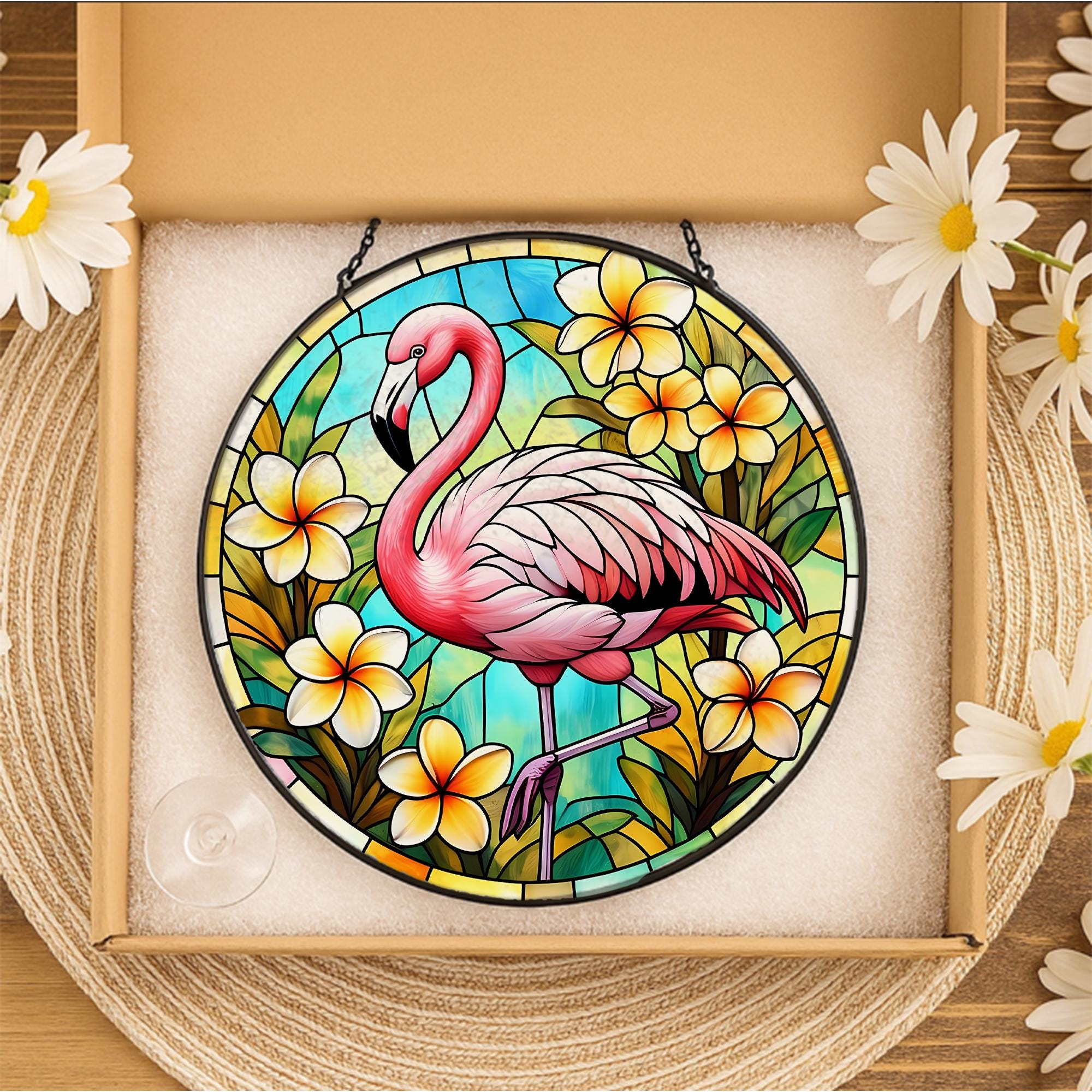 Flamingo Tropical Glass Suncatcher - Faux Stained Glass Summer Window Decor with Plumeria Flowers - Beachy Gift for Flamingo Lovers