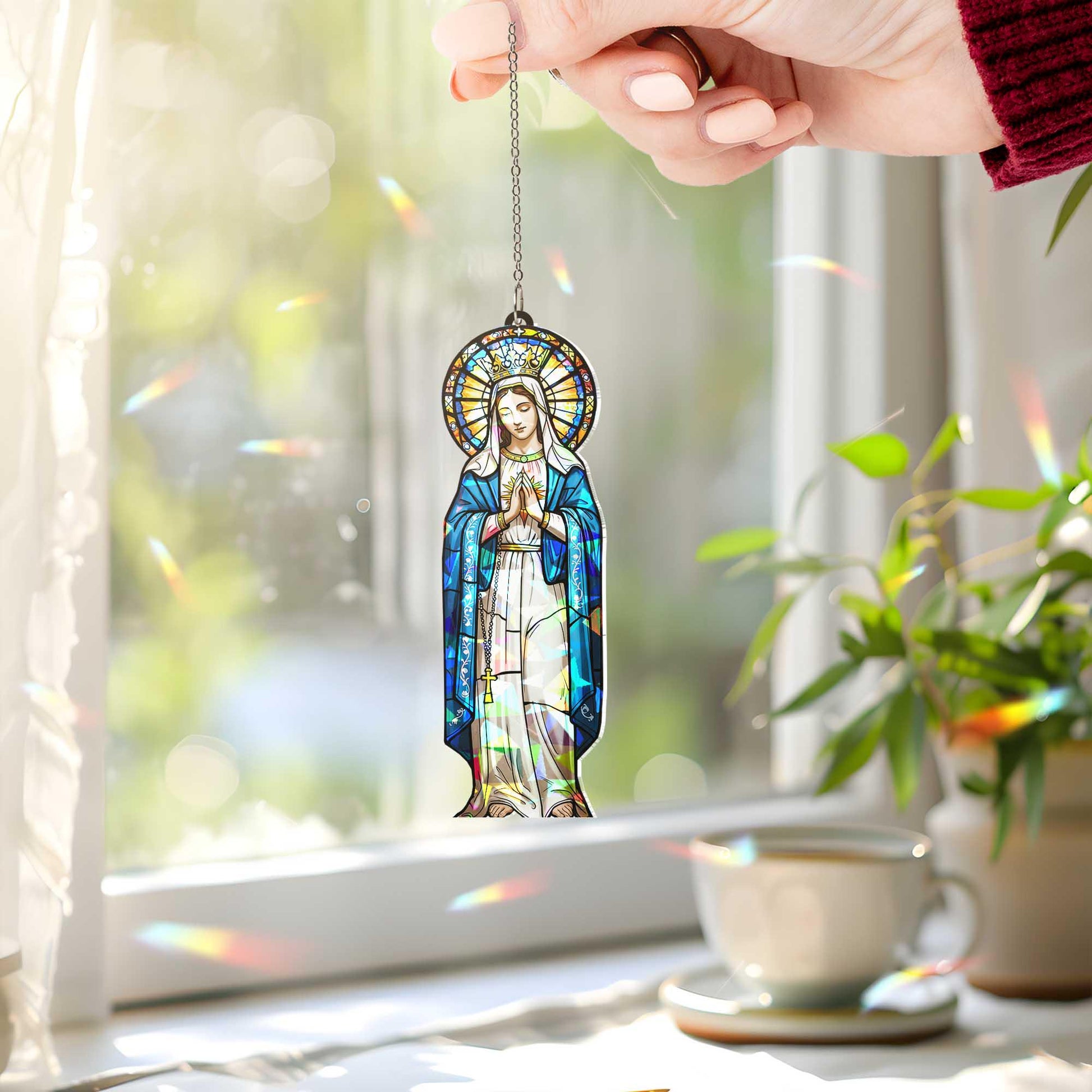 Virgin Mary Window Hanging, Catholic Sun Catcher Ornament, Holographic Religious Decor, Christian Gift for Home