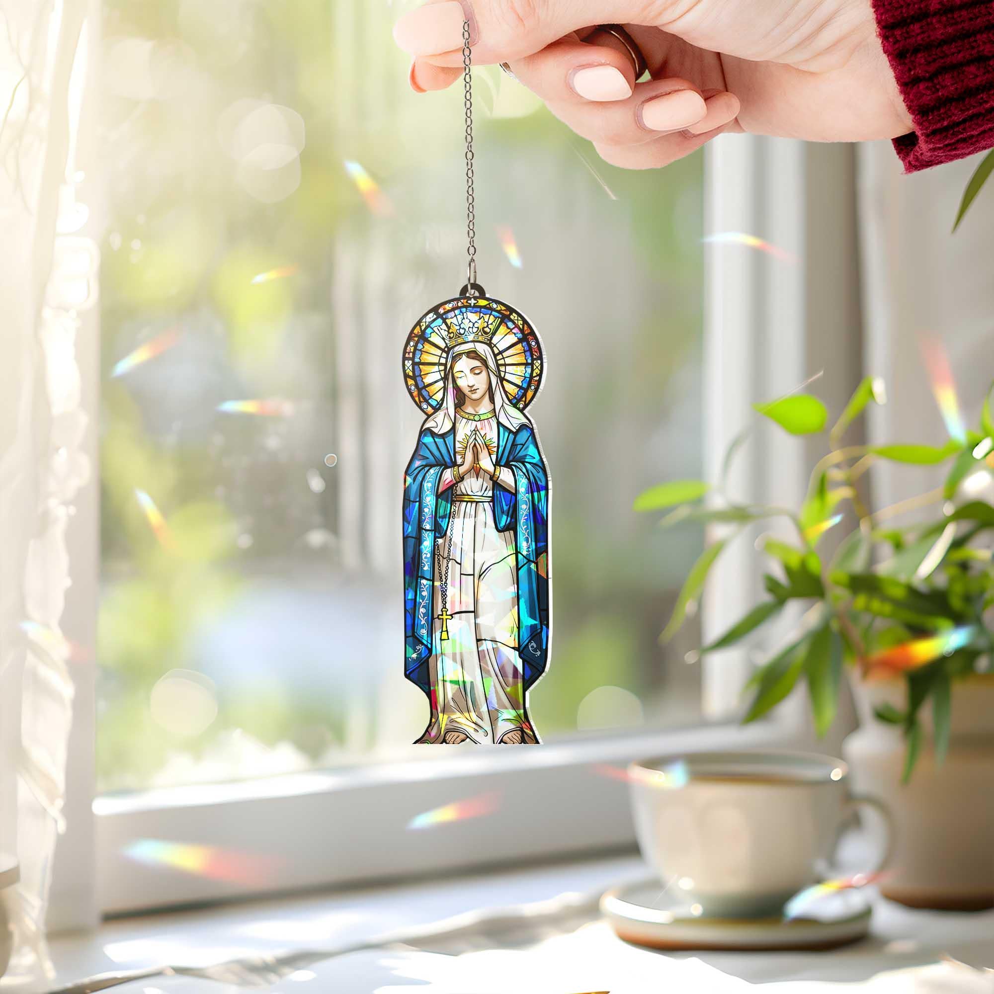 Virgin Mary Window Hanging, Catholic Sun Catcher Ornament, Holographic Religious Decor, Christian Gift for Home
