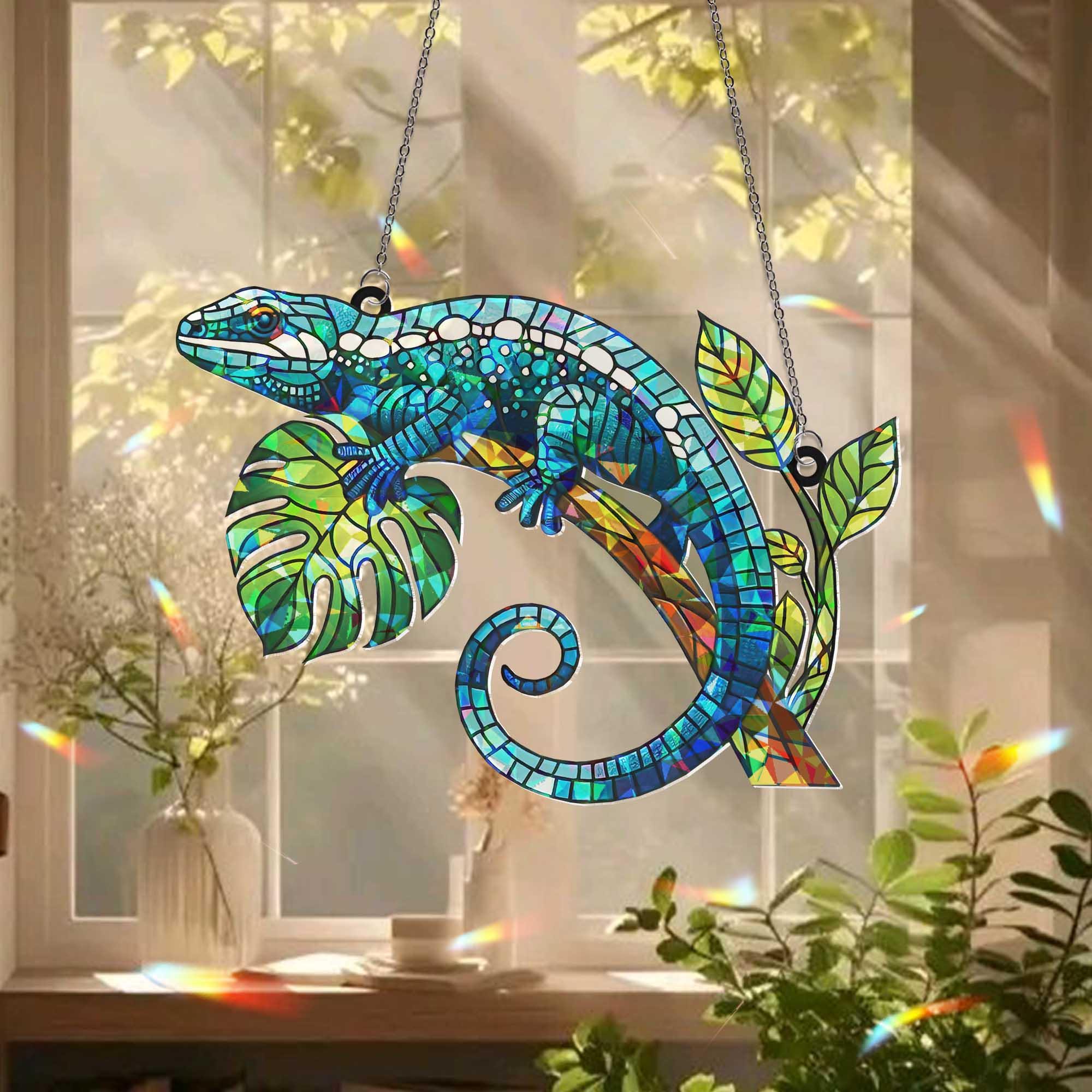 Gecko Lizard Window Hanging, Holographic Suncatcher, Reptile Lover Gift, Jungle Decor, Boho Window Art