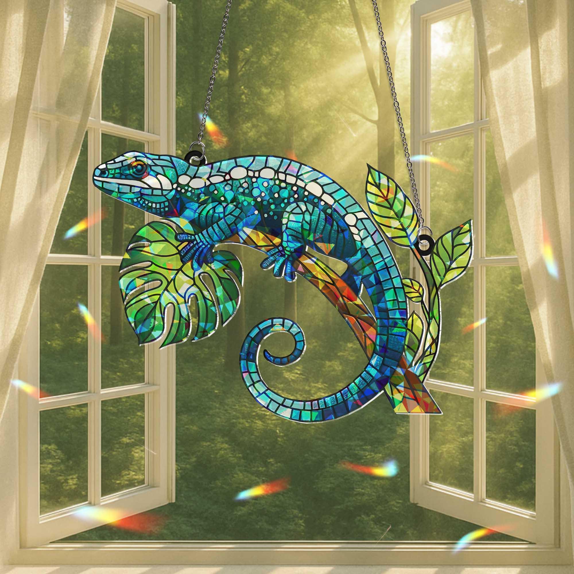 Gecko Lizard Window Hanging, Holographic Suncatcher, Reptile Lover Gift, Jungle Decor, Boho Window Art