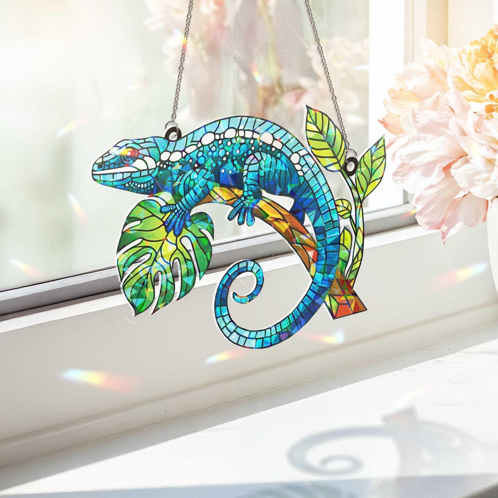 Gecko Lizard Window Hanging, Holographic Suncatcher, Reptile Lover Gift, Jungle Decor, Boho Window Art