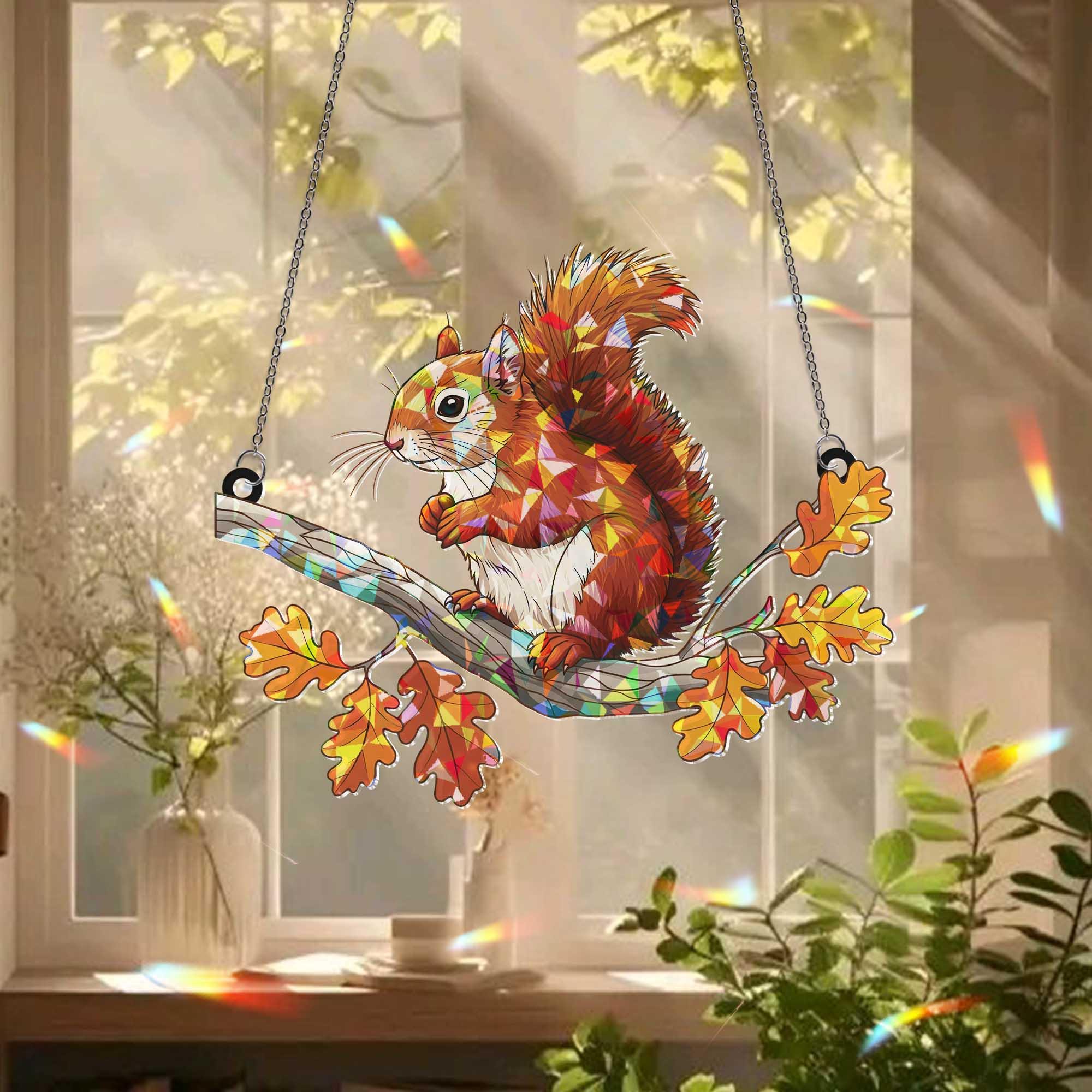 Squirrel Autumn Leaf  Hologram Window Hanging, Autumn Holographic Suncatcher, Woodland Animal Decor, Cute Forest Gift