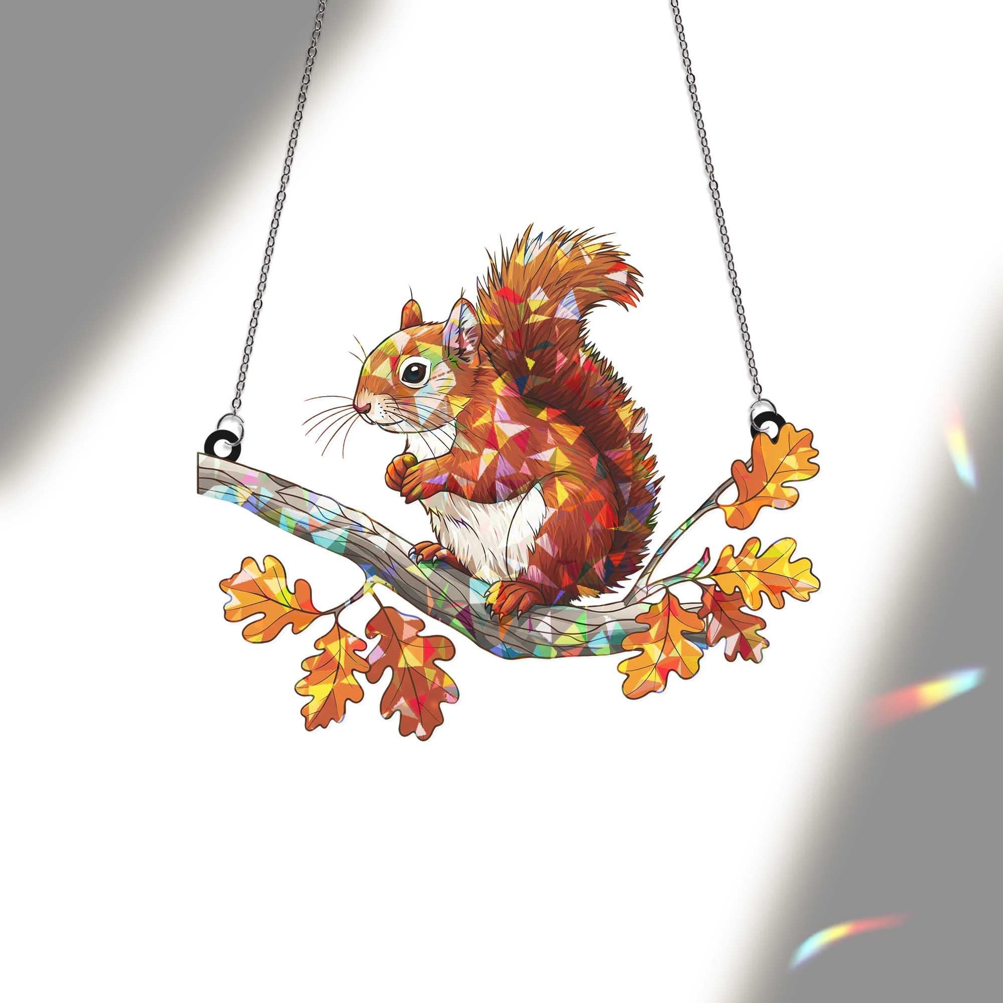 Squirrel Autumn Leaf  Hologram Window Hanging, Autumn Holographic Suncatcher, Woodland Animal Decor, Cute Forest Gift