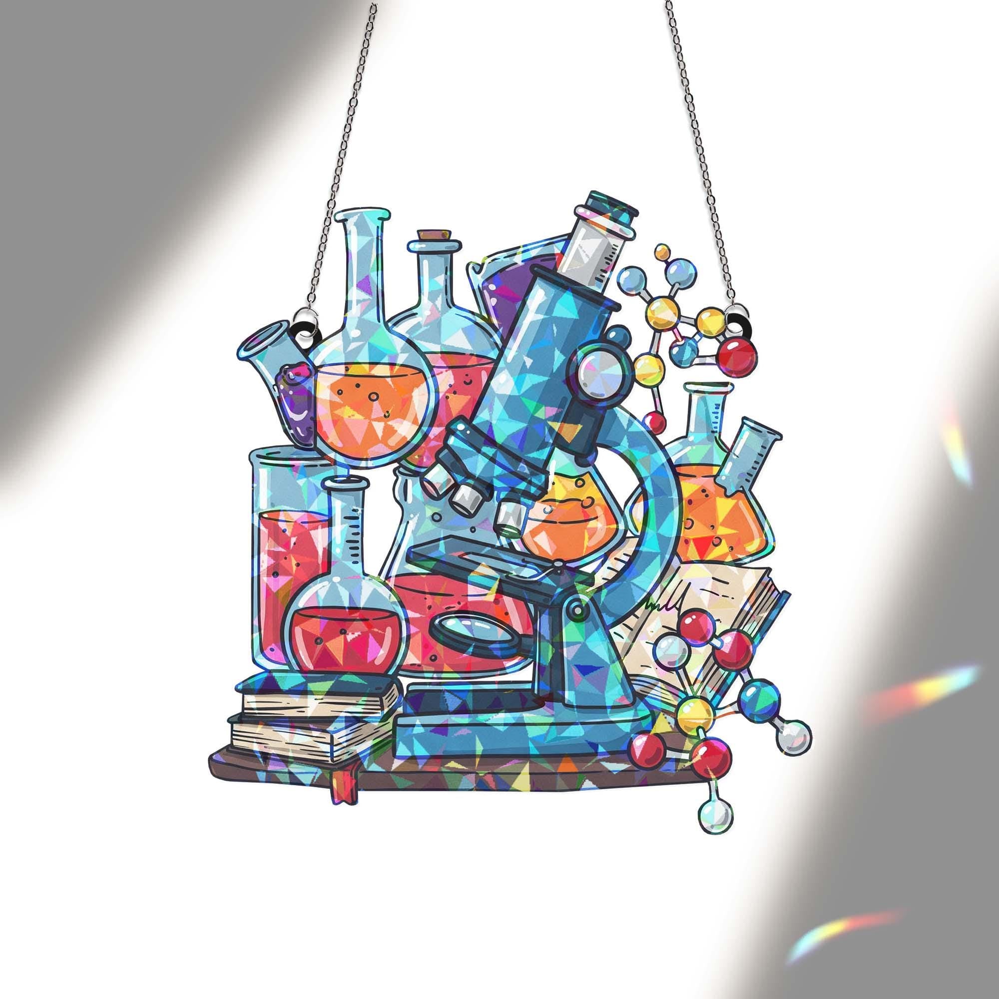 Science Lab Window Hanging, Holographic Suncatcher, Microscope Chemistry Decor, Gift for Scientists & Teachers