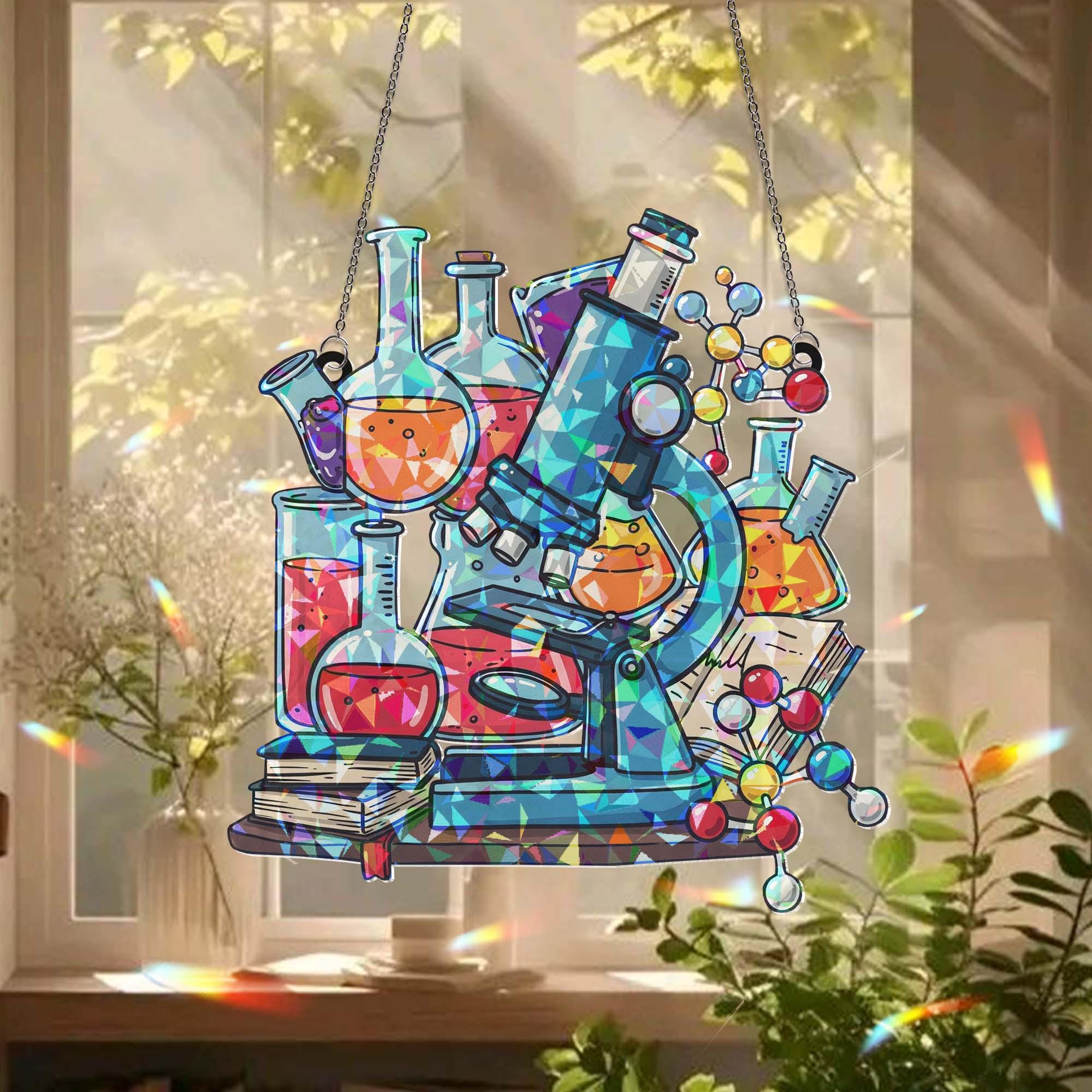 Science Lab Window Hanging, Holographic Suncatcher, Microscope Chemistry Decor, Gift for Scientists & Teachers