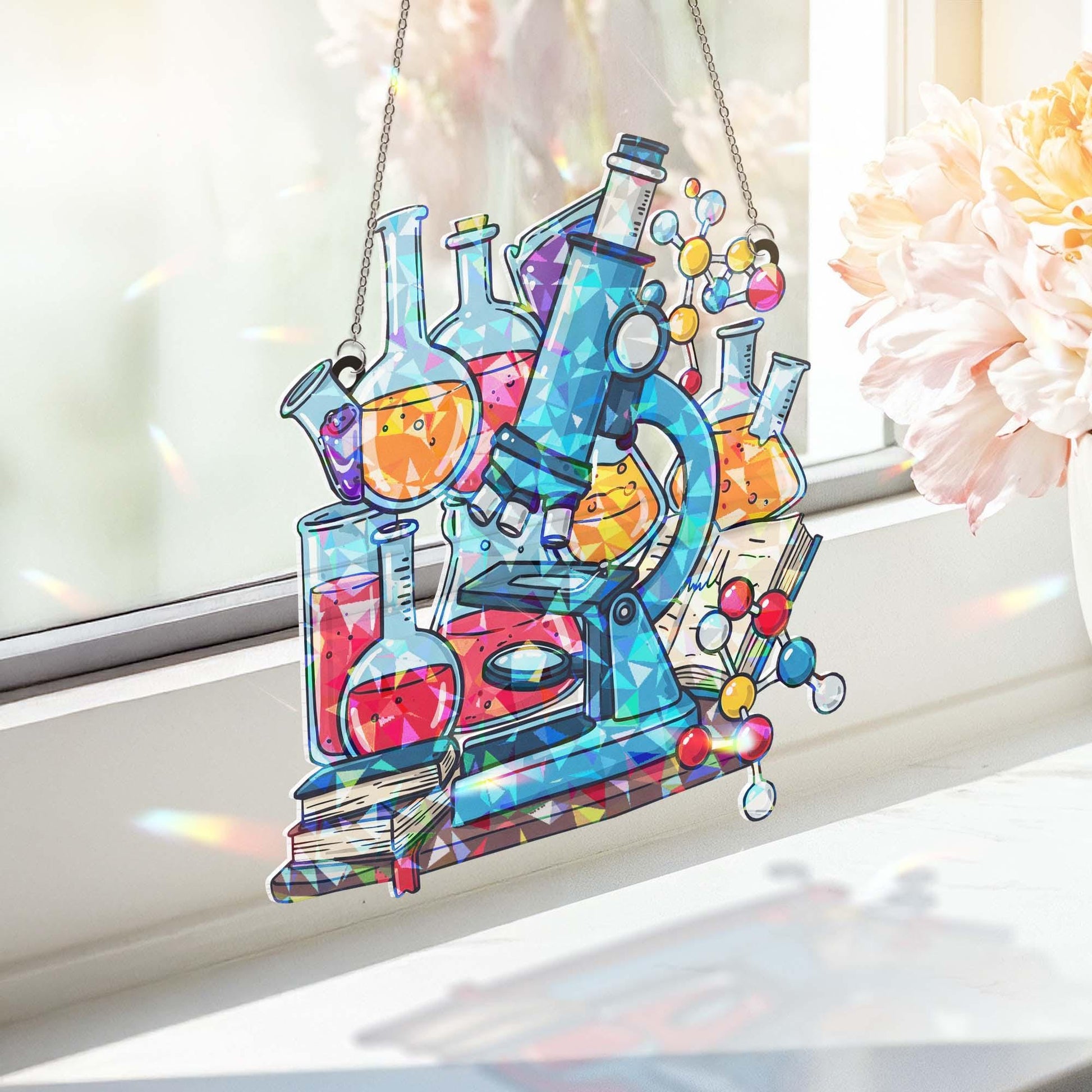 Science Lab Window Hanging, Holographic Suncatcher, Microscope Chemistry Decor, Gift for Scientists & Teachers