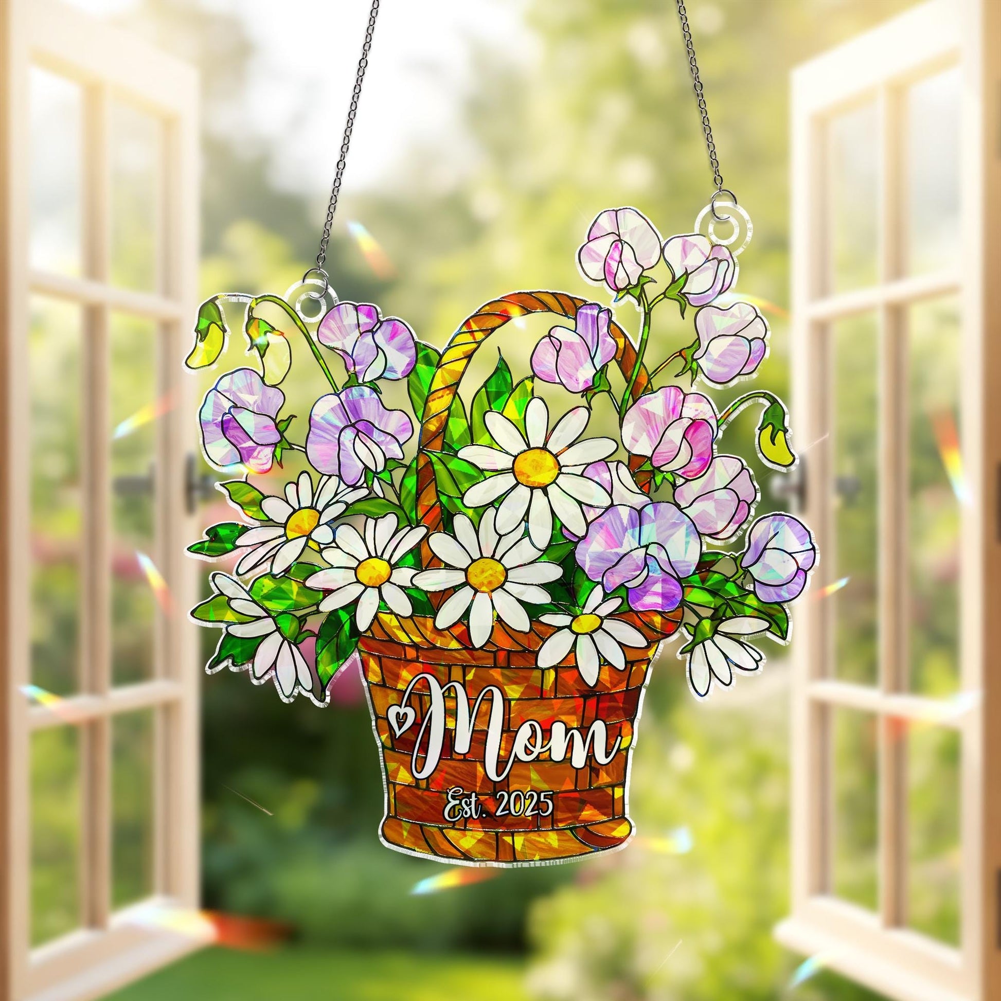 Personalized Daisy Sweet Pea Flower Basket Ornament- Custom Acrylic Window Hanging, Mother's Day Gift, Floral Decor, April Birth Gift
