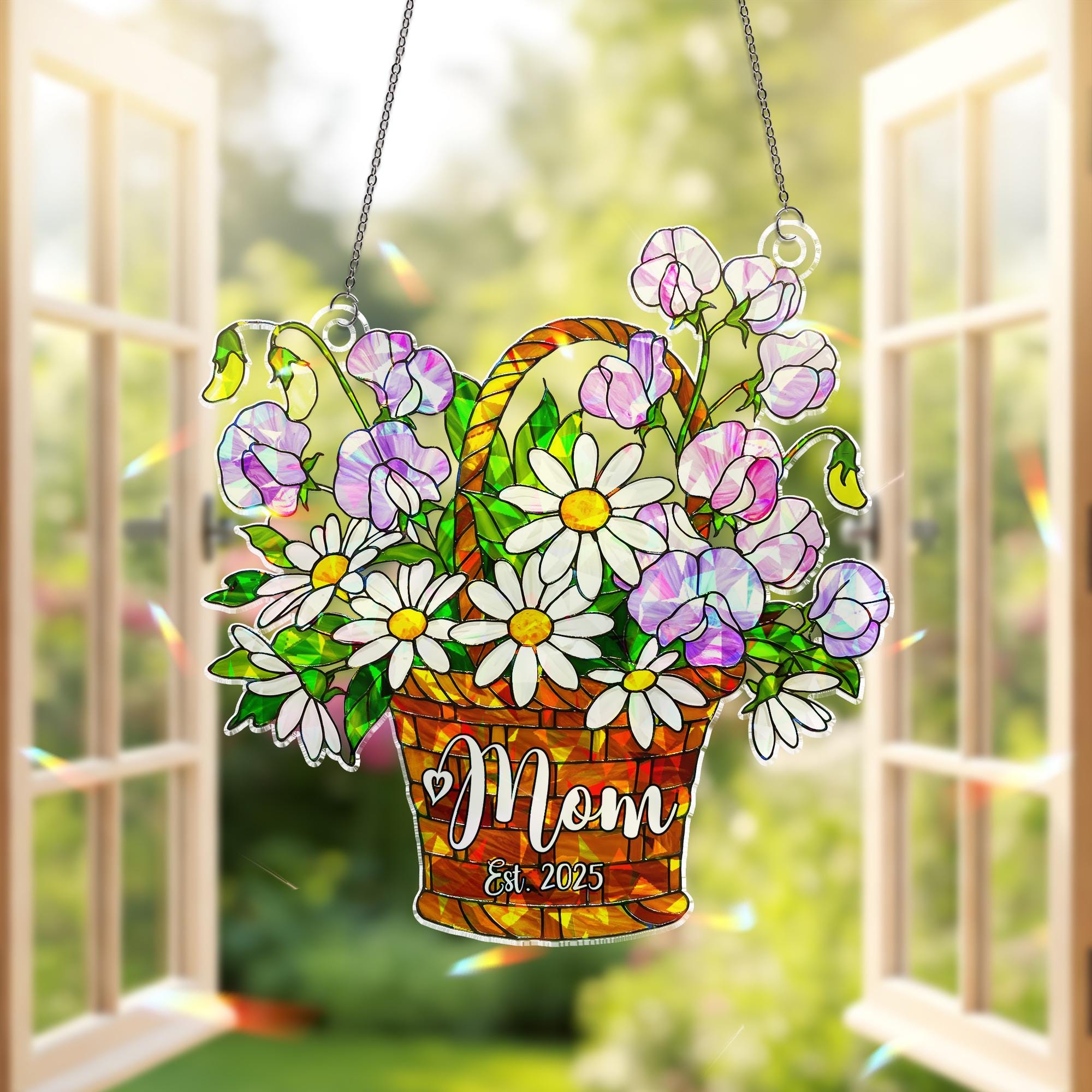 Personalized Daisy Sweet Pea Flower Basket Ornament- Custom Acrylic Window Hanging, Mother's Day Gift, Floral Decor, April Birth Gift
