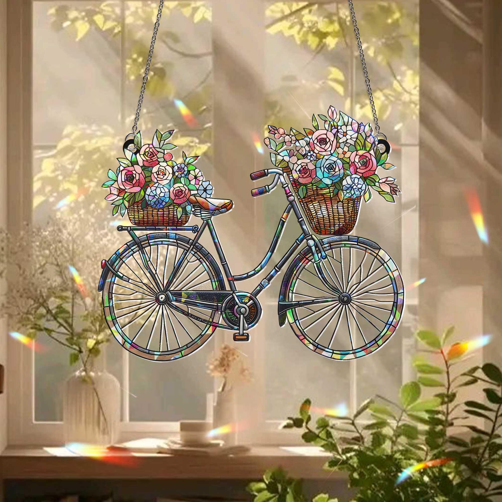 Bicycle with Flowers Window Hanging, Floral Holographic Suncatcher, Spring Garden Decor, Cottagecore Gift