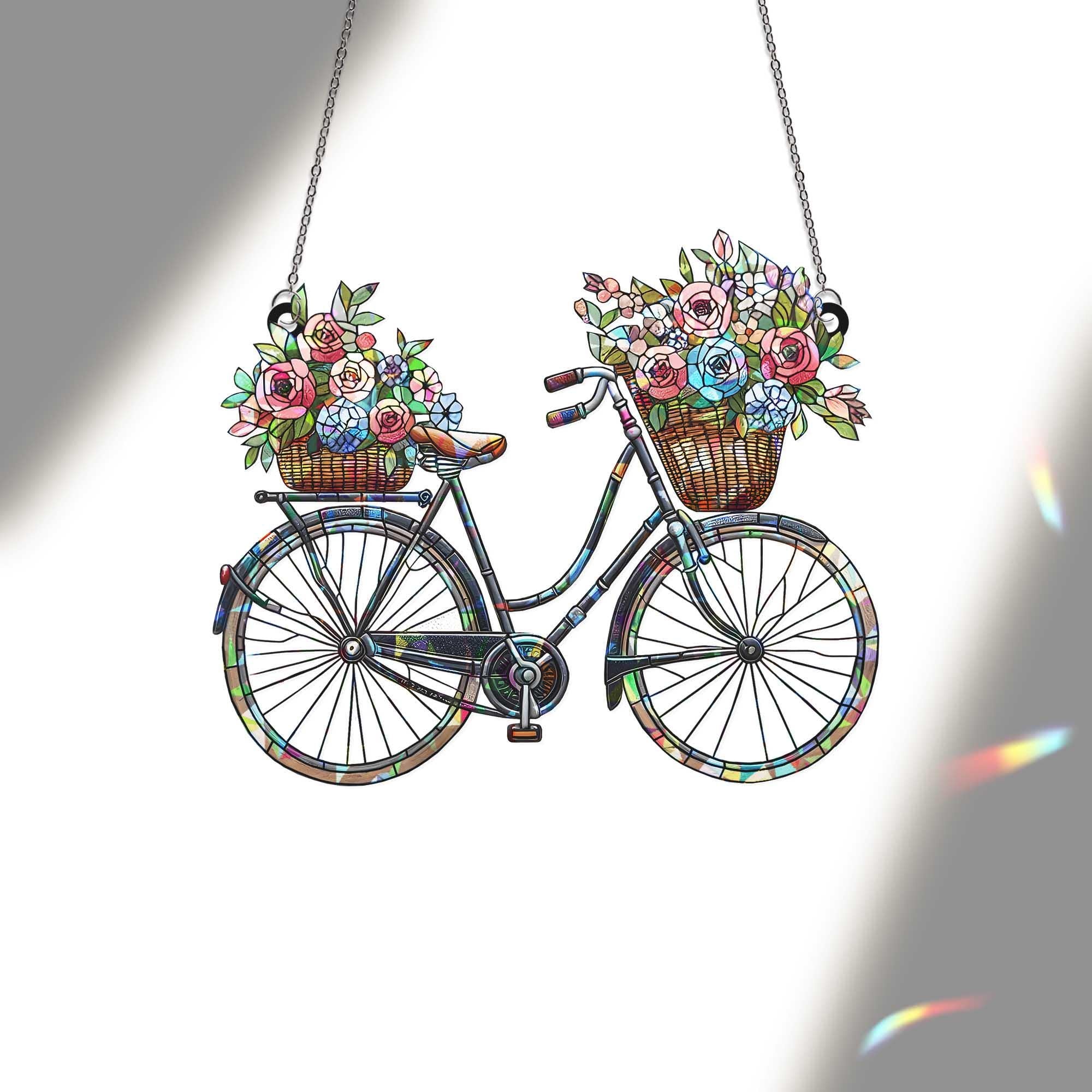 Bicycle with Flowers Window Hanging, Floral Holographic Suncatcher, Spring Garden Decor, Cottagecore Gift