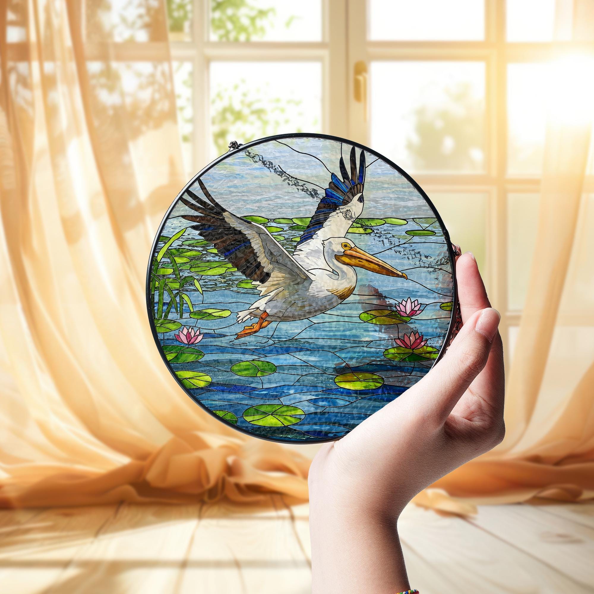 American White Pelican Glass Suncatcher - Faux Stained Glass Water Bird Window Hanging - Lake Wildlife Decor Gift for Bird Lovers