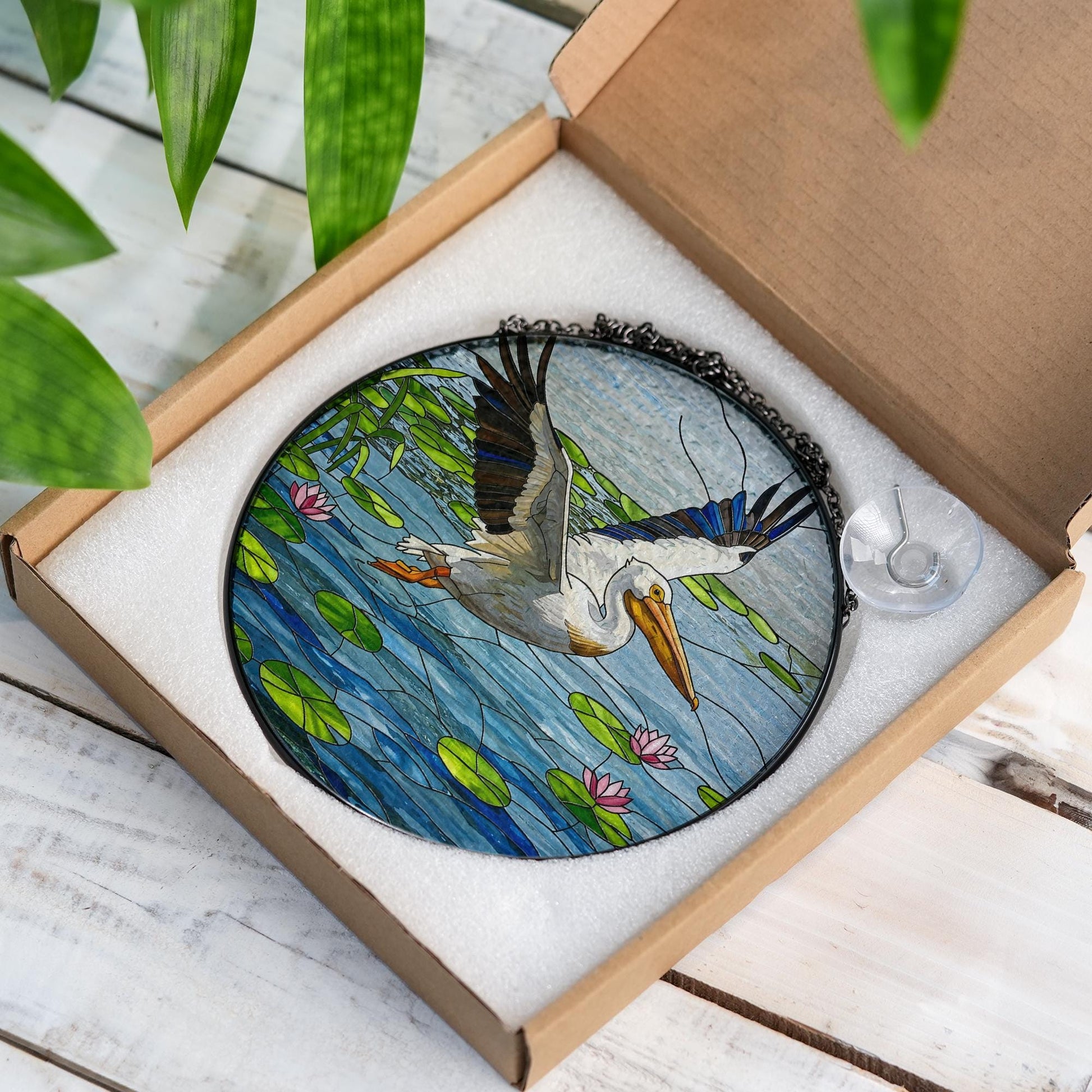American White Pelican Glass Suncatcher - Faux Stained Glass Water Bird Window Hanging - Lake Wildlife Decor Gift for Bird Lovers