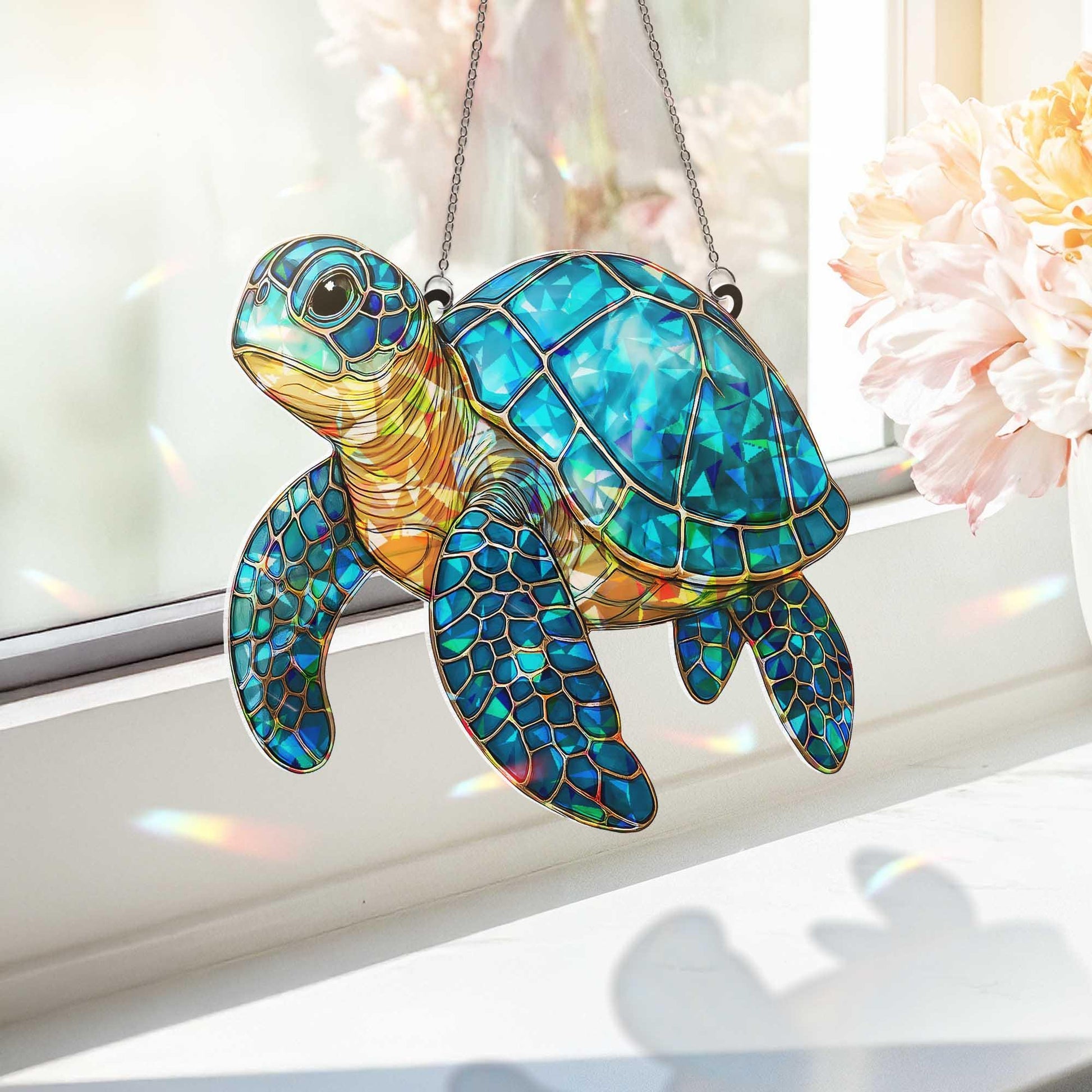 Sea Turtle Window Hanging, Ocean Holographic Suncatcher, Coastal Marine Decor, Beach House Gift