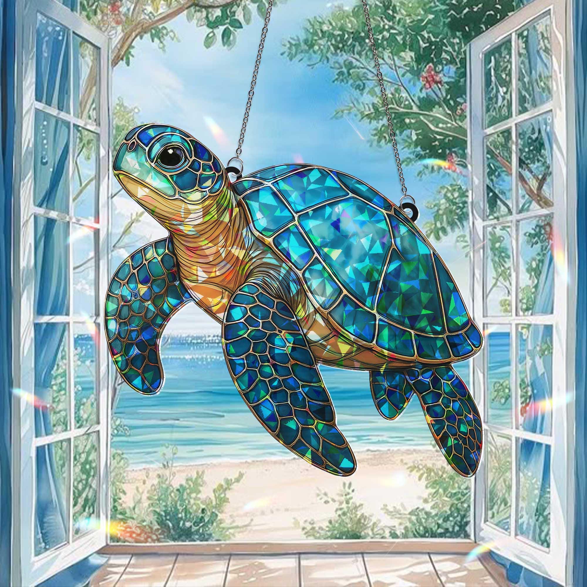 Sea Turtle Window Hanging, Ocean Holographic Suncatcher, Coastal Marine Decor, Beach House Gift