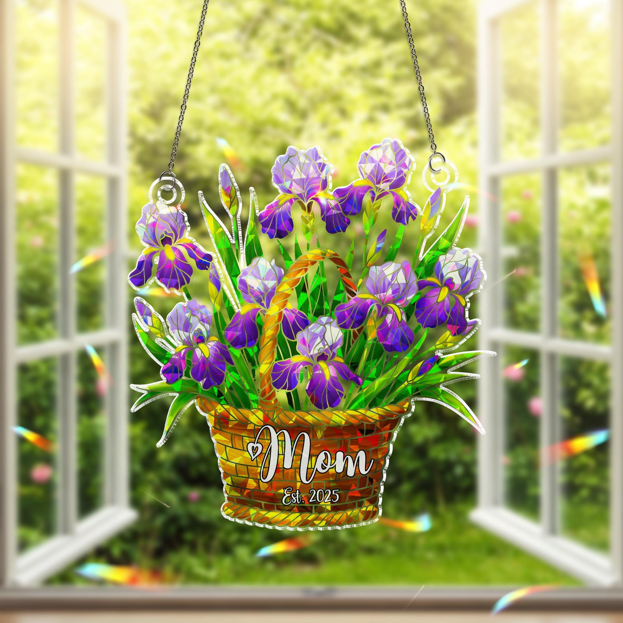Mom Est 2025 Iris Acrylic Window Hanging, Personalized Floral Mothers Day Gift, New Mom Keepsake Ornament, Flower Lover Gift, Gift For Mom