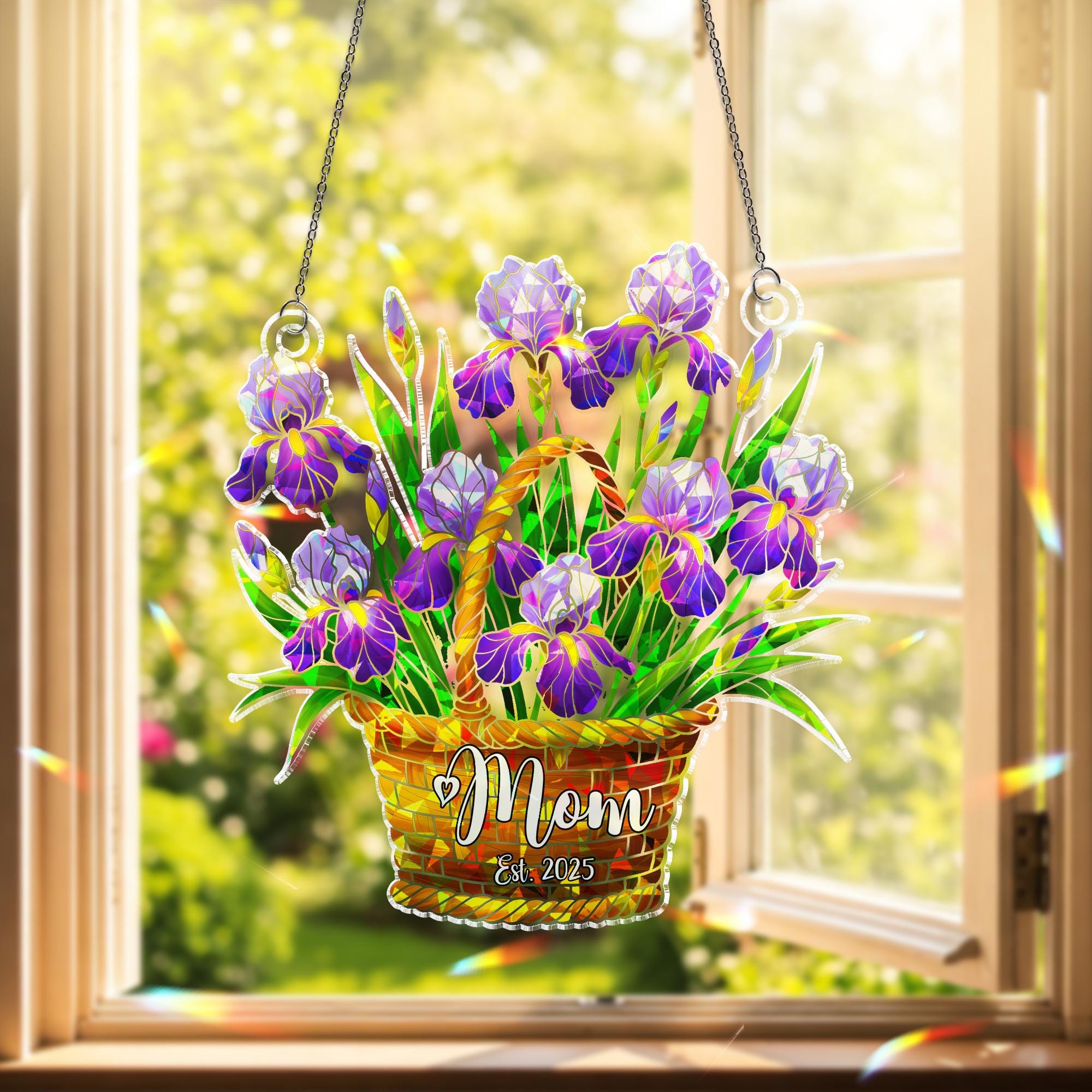 Mom Est 2025 Iris Acrylic Window Hanging, Personalized Floral Mothers Day Gift, New Mom Keepsake Ornament, Flower Lover Gift, Gift For Mom