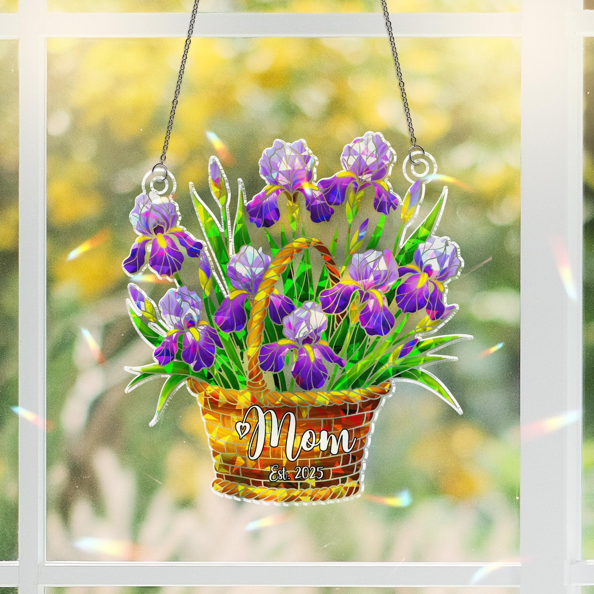 Mom Est 2025 Iris Acrylic Window Hanging, Personalized Floral Mothers Day Gift, New Mom Keepsake Ornament, Flower Lover Gift, Gift For Mom