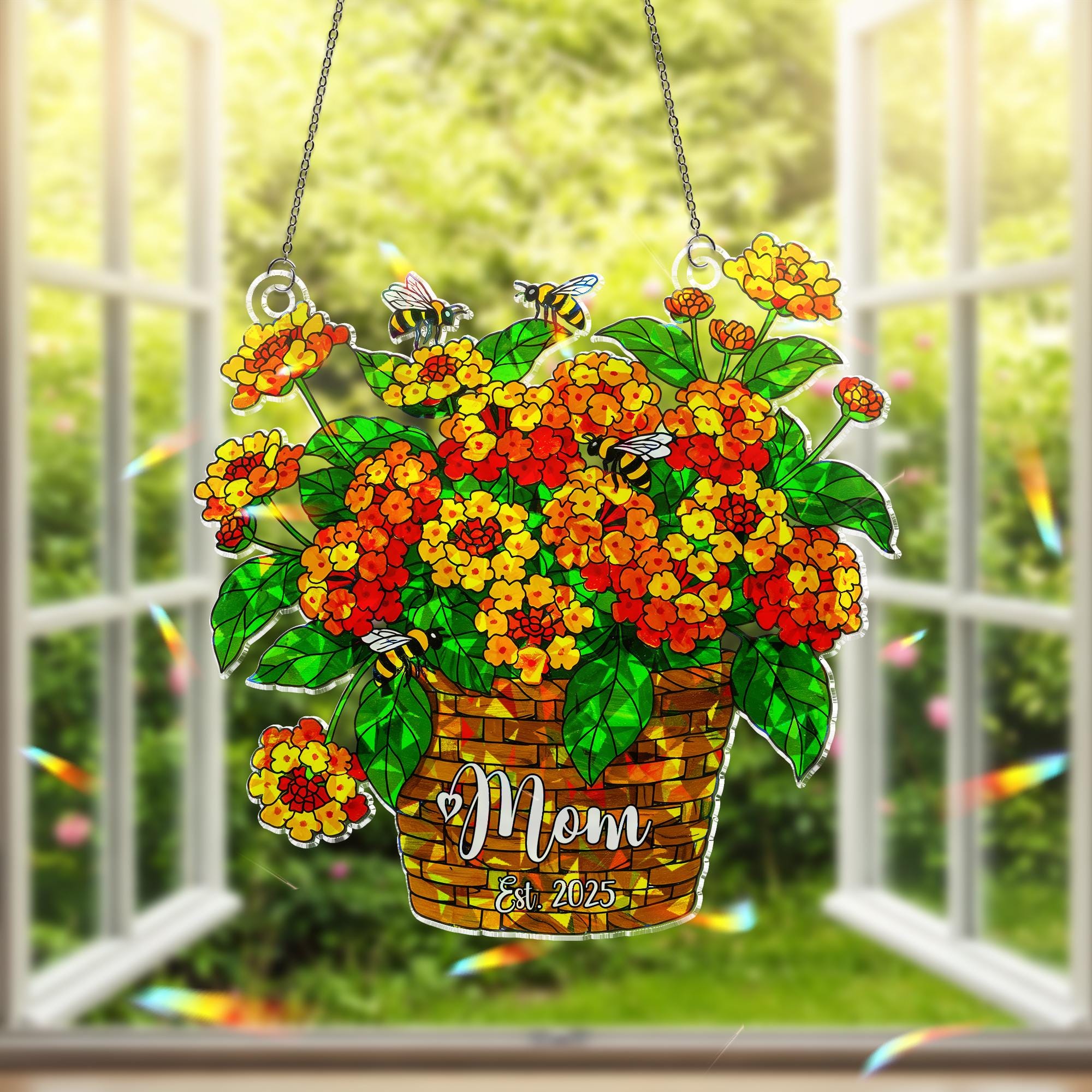 Mom Est. 2025 Lantana Flower Basket & Bee Acrylic Window Hanging Ornament, Personalized New Mom Gift, Mothers Day Garden Decor, Gift For Mom