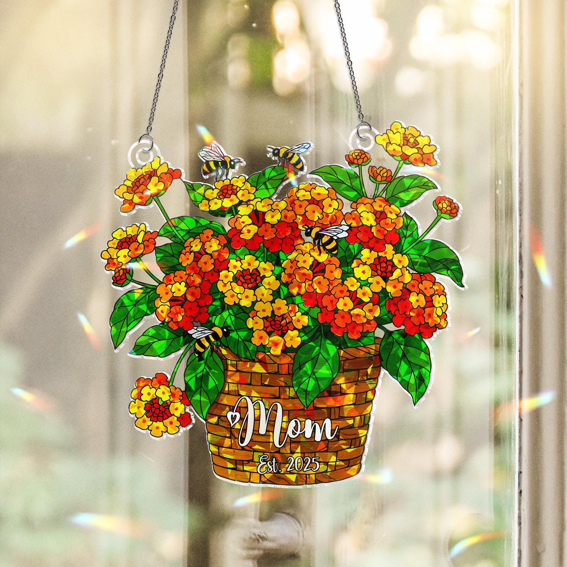 Mom Est. 2025 Lantana Flower Basket & Bee Acrylic Window Hanging Ornament, Personalized New Mom Gift, Mothers Day Garden Decor, Gift For Mom