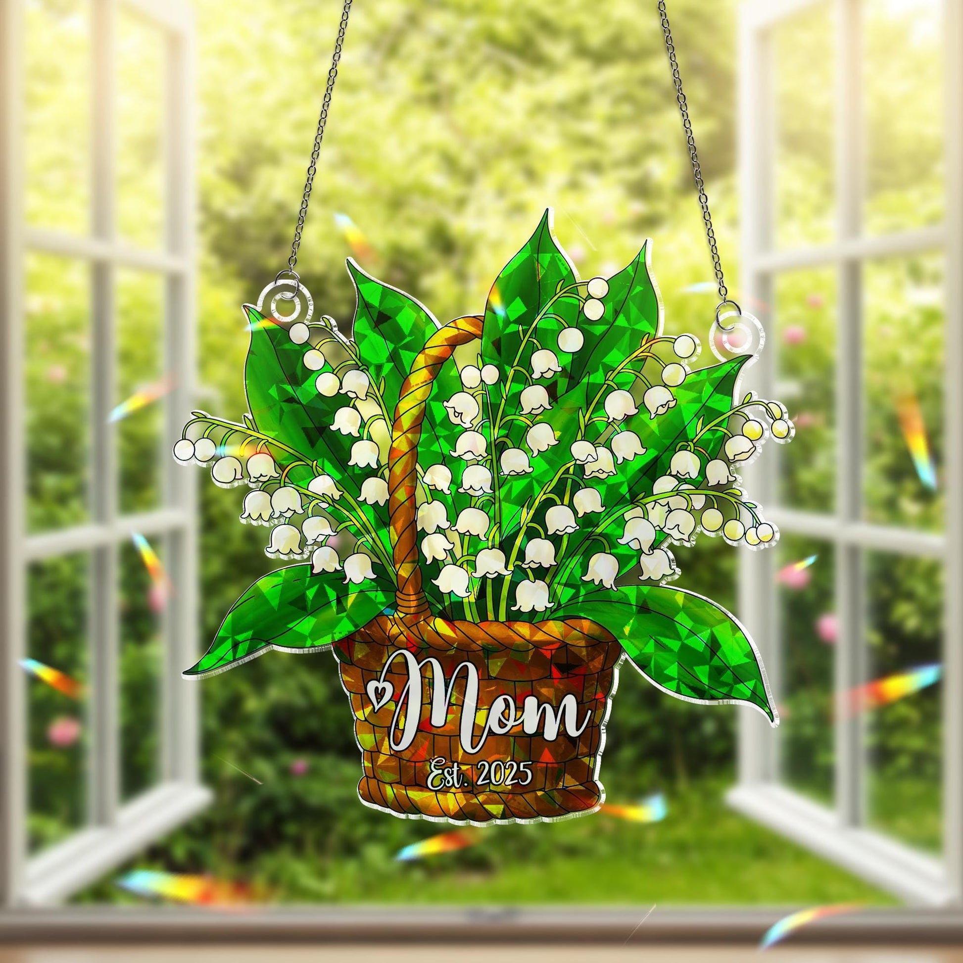 Personalized Mom Lily of the Valley Est. 2025 Acrylic Window Hanging Ornament, Floral Mothers Day Gift, Gift For Mom, May Birth Gift