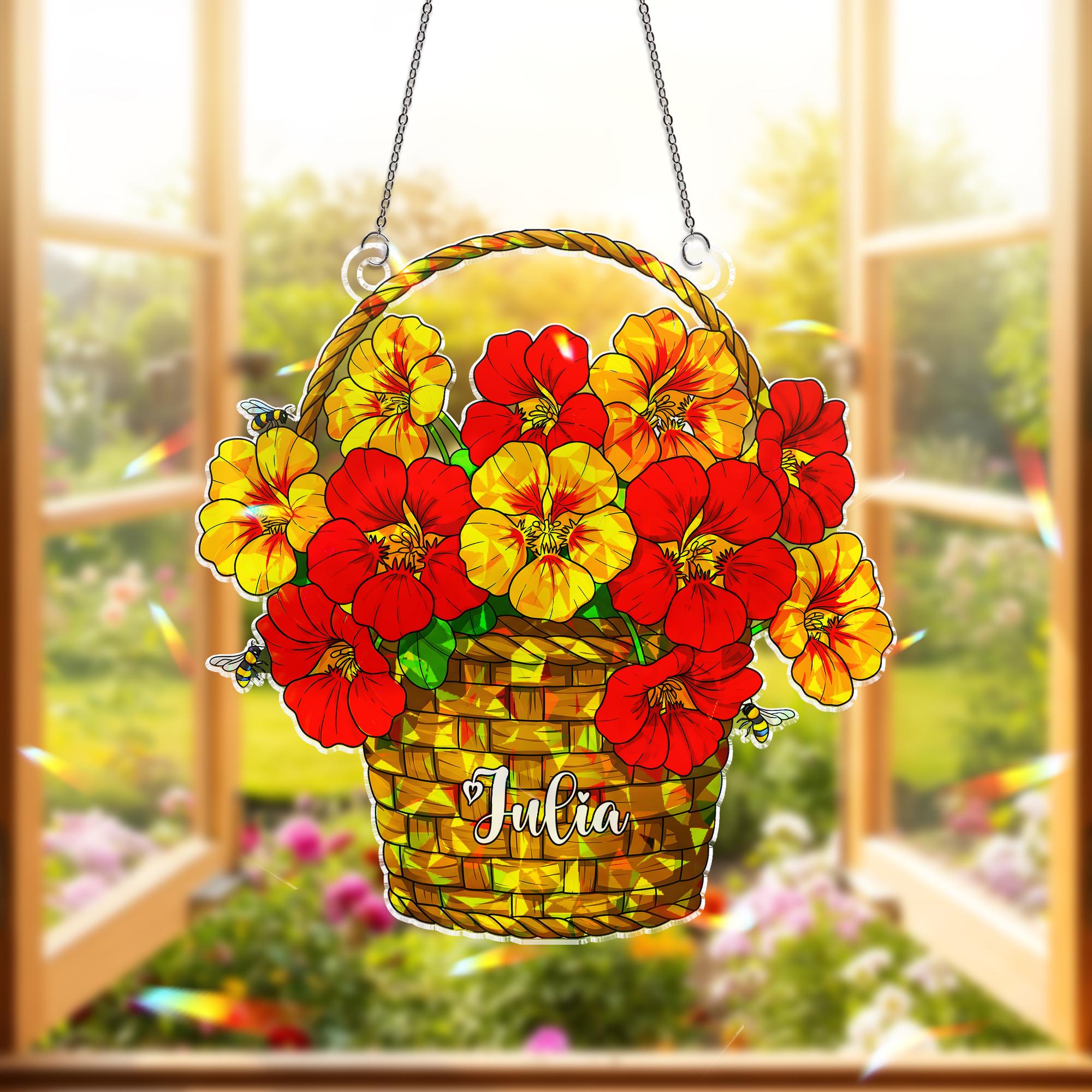 Personalized Nasturtium Flower Basket Honey Bee Hologram Acrylic Window Hanging, Custom Name Floral Decor, Bee Lover Gift Idea, Flower Mom