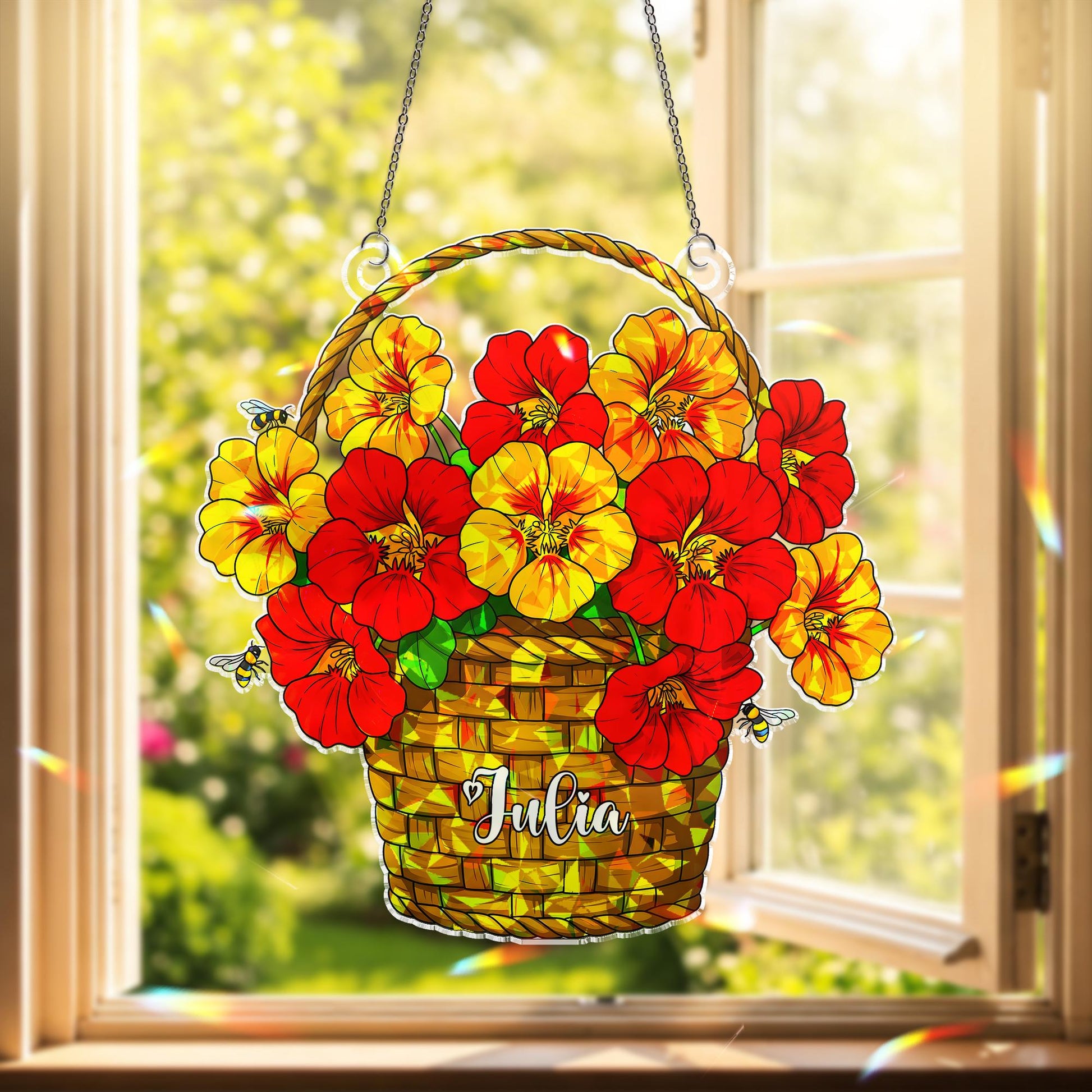 Personalized Nasturtium Flower Basket Honey Bee Hologram Acrylic Window Hanging, Custom Name Floral Decor, Bee Lover Gift Idea, Flower Mom
