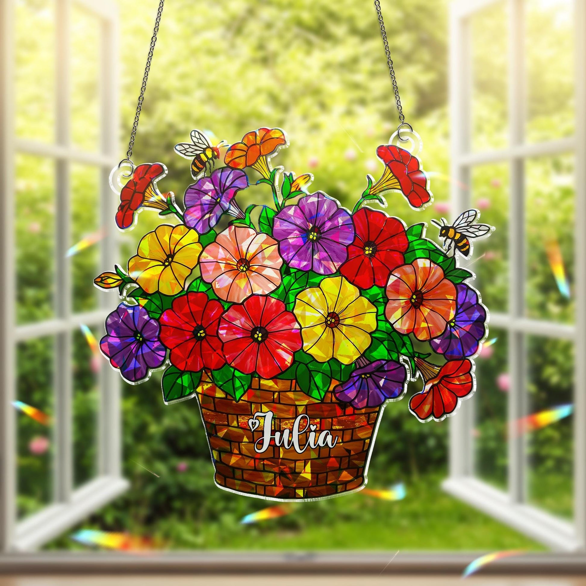 Personalized Petunia Floral Basket Hologram Acrylic Window Hanging, Custom Name Ornament, Honey Bee Garden Flower Ornament Home Decor Gift