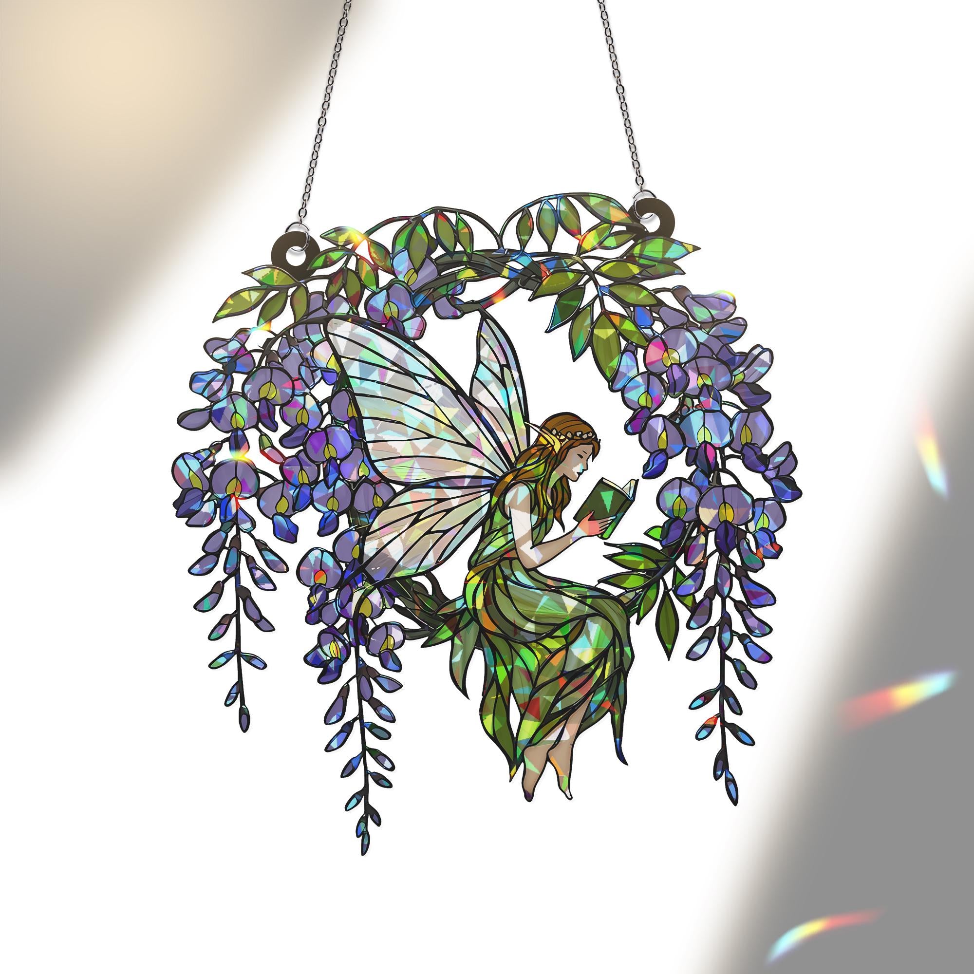 Fairy Reading Hologram Acrylic Window Hanging, Holographic Decor, Wisteria Fairy Decor, Boho Fairy Suncatcher, Cottagecore Gift