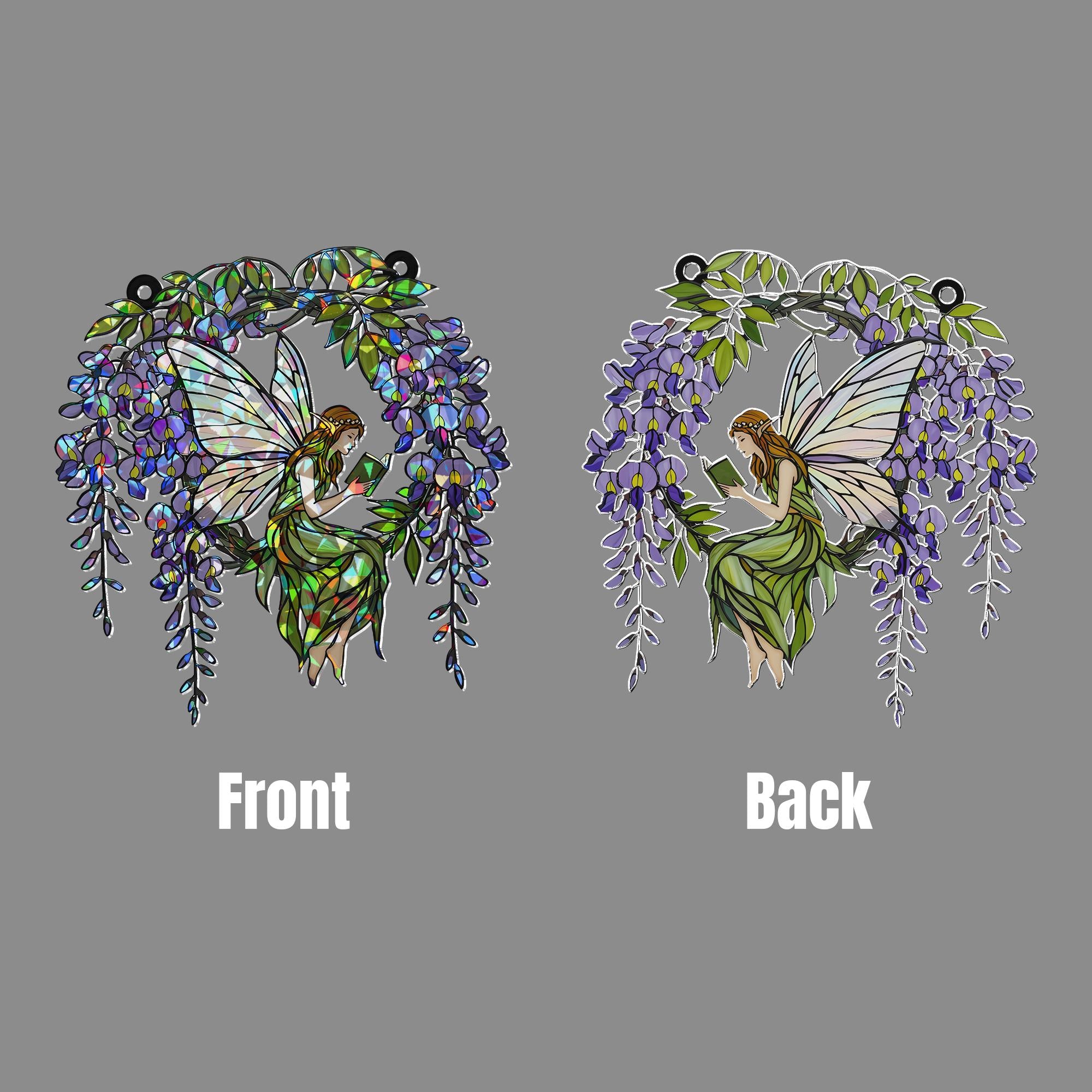 Fairy Reading Hologram Acrylic Window Hanging, Holographic Decor, Wisteria Fairy Decor, Boho Fairy Suncatcher, Cottagecore Gift