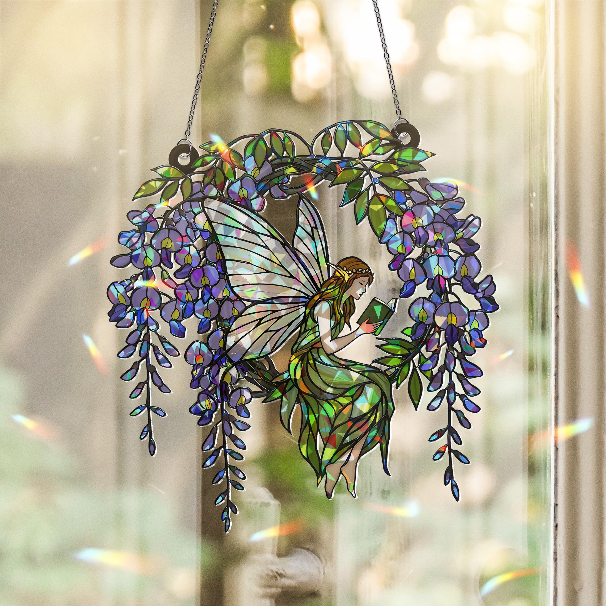 Fairy Reading Hologram Acrylic Window Hanging, Holographic Decor, Wisteria Fairy Decor, Boho Fairy Suncatcher, Cottagecore Gift