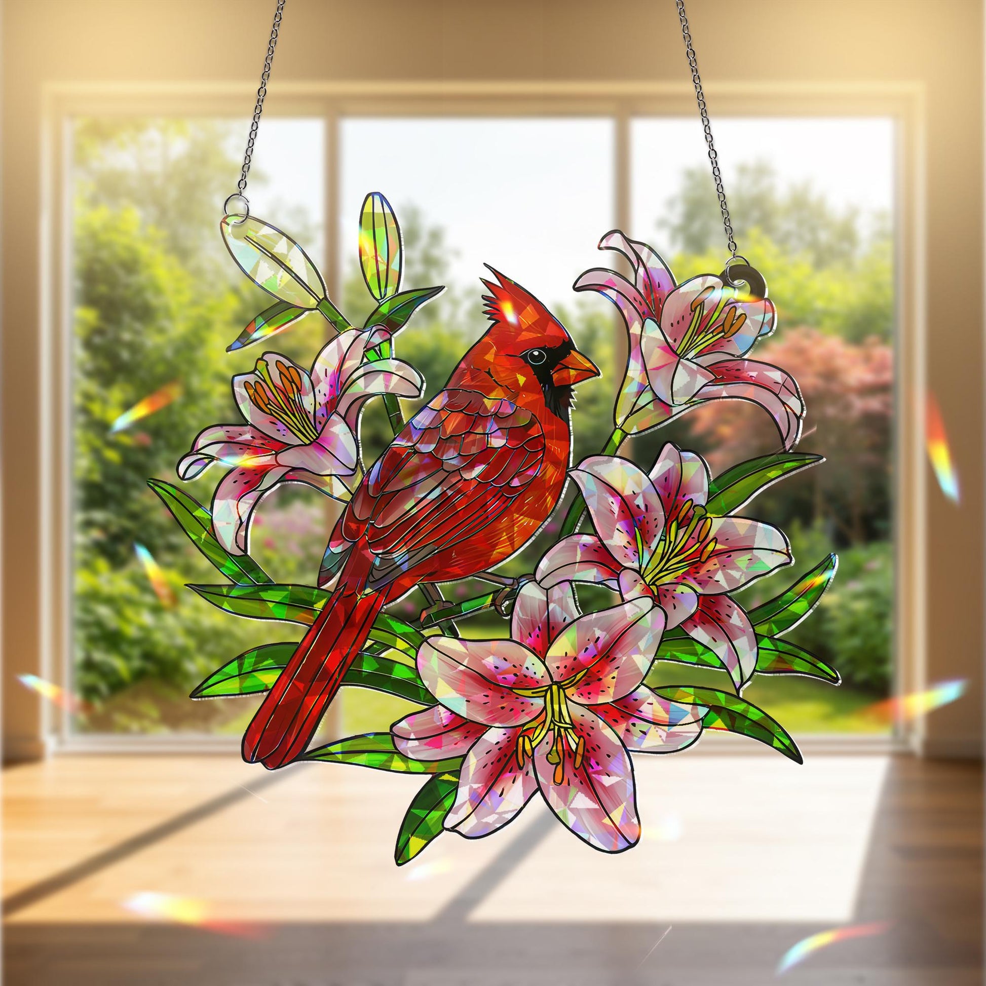 Cardinal and Lily Window Hanging, Holographic Acrylic Suncatcher, Red Bird Floral Decor, Stargazer Memorial Gift,Bird Lover Gift,Floral Bird