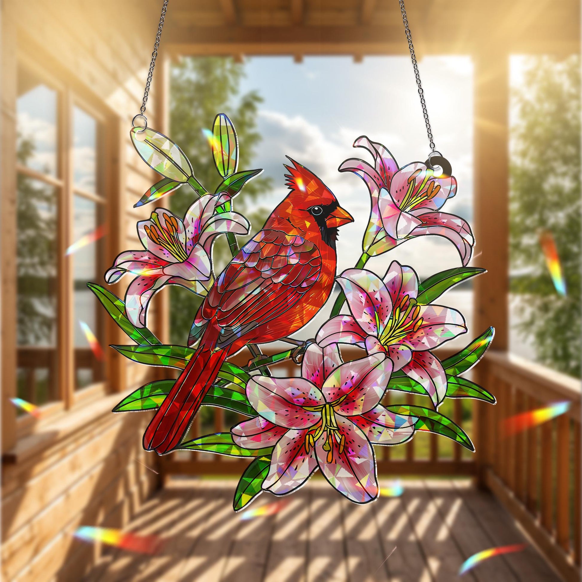 Cardinal and Lily Window Hanging, Holographic Acrylic Suncatcher, Red Bird Floral Decor, Stargazer Memorial Gift,Bird Lover Gift,Floral Bird