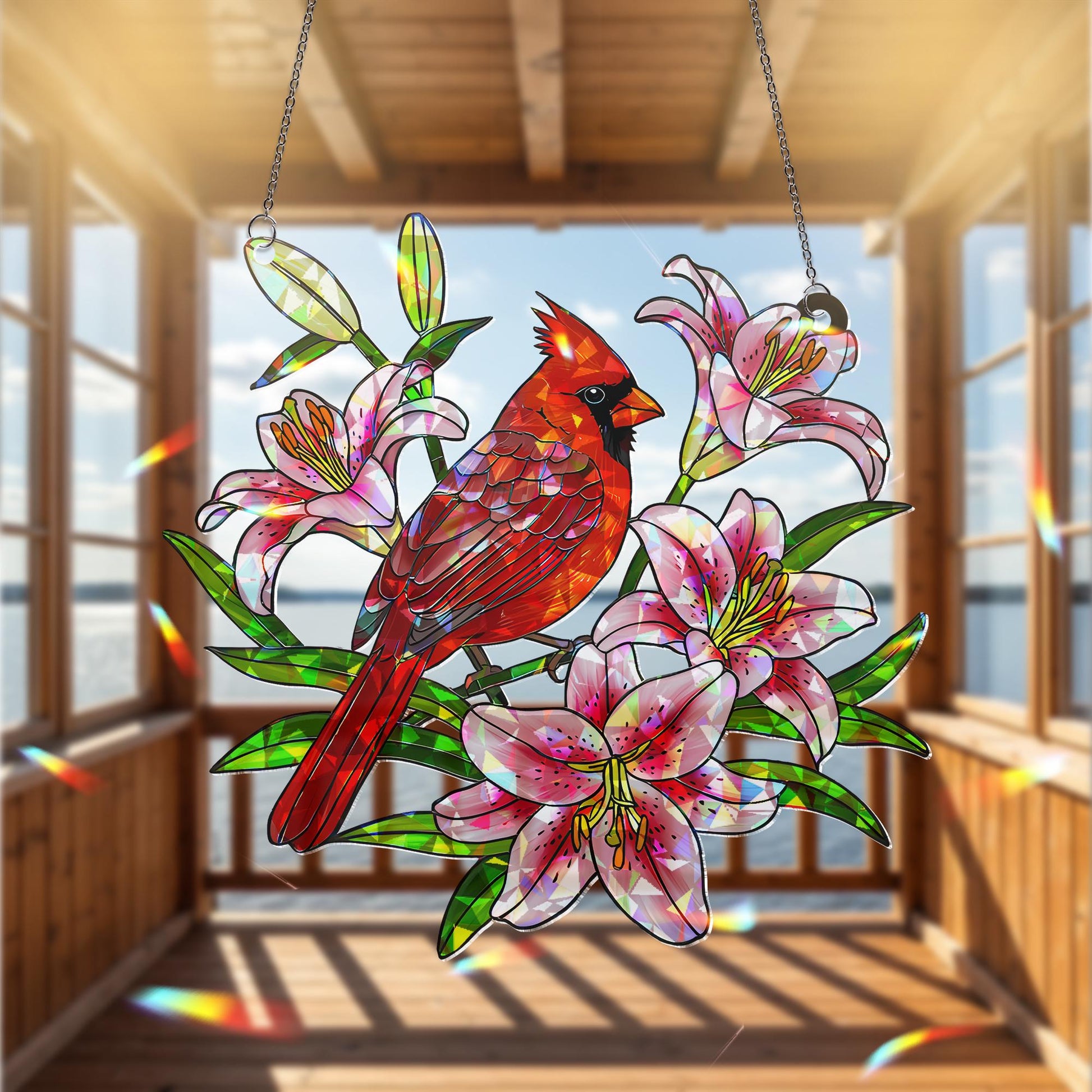 Cardinal and Lily Window Hanging, Holographic Acrylic Suncatcher, Red Bird Floral Decor, Stargazer Memorial Gift,Bird Lover Gift,Floral Bird
