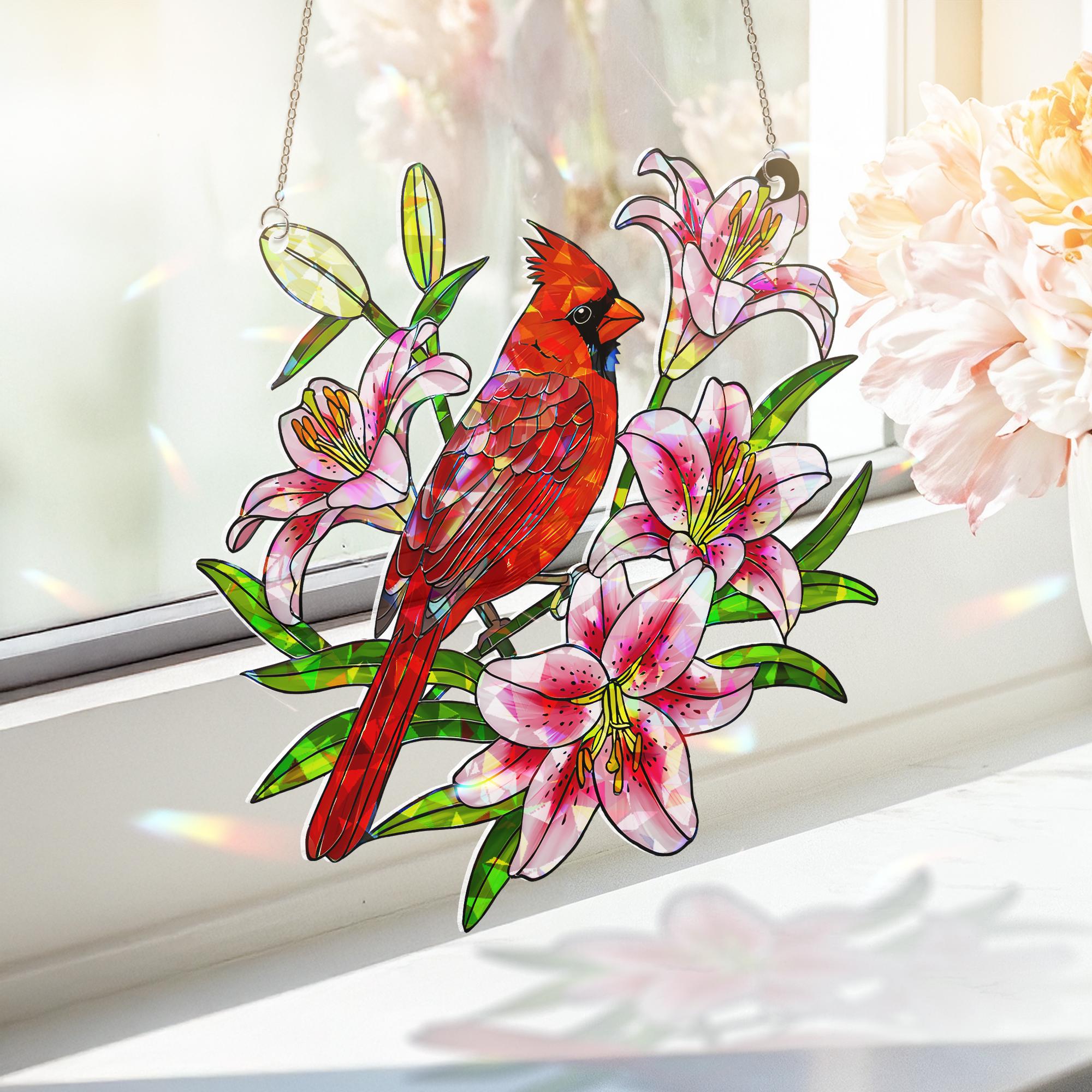Cardinal and Lily Window Hanging, Holographic Acrylic Suncatcher, Red Bird Floral Decor, Stargazer Memorial Gift,Bird Lover Gift,Floral Bird