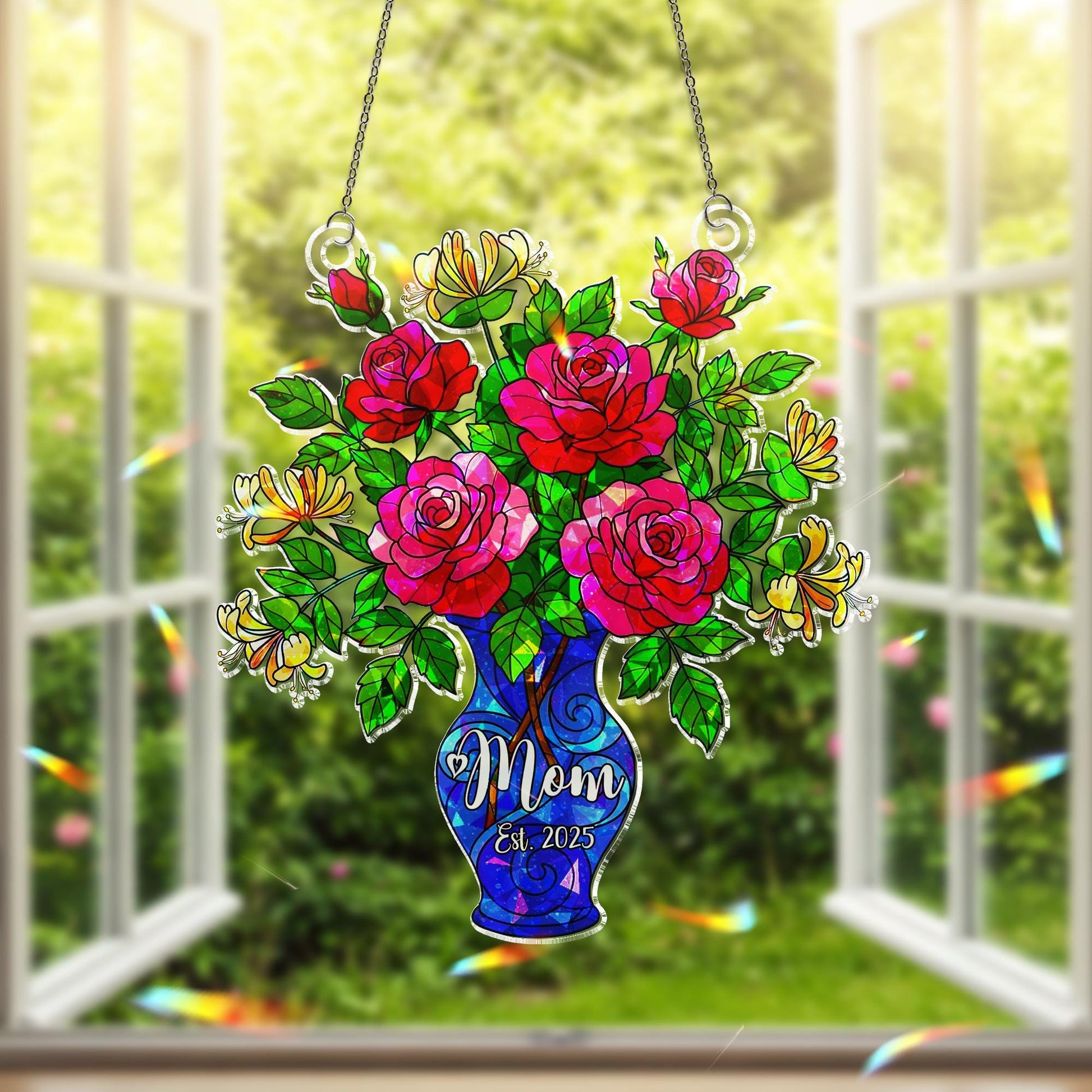 Personalized Mom Est. 2025 Rose and Honeysuckle Hologram Acrylic Window Hanging, Mothers Day Gift, New Mom Keepsake Ornament, June Birth